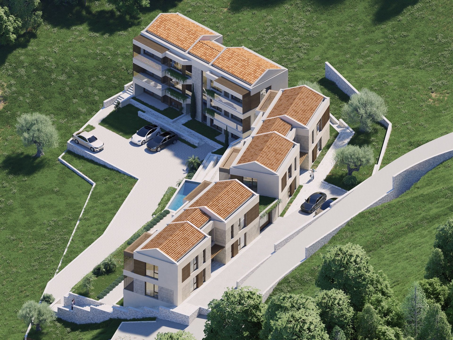 3D visualization of a residential complex in Blizikuće, Montenegro: modern apartments with tiled roofs and a swimming pool.