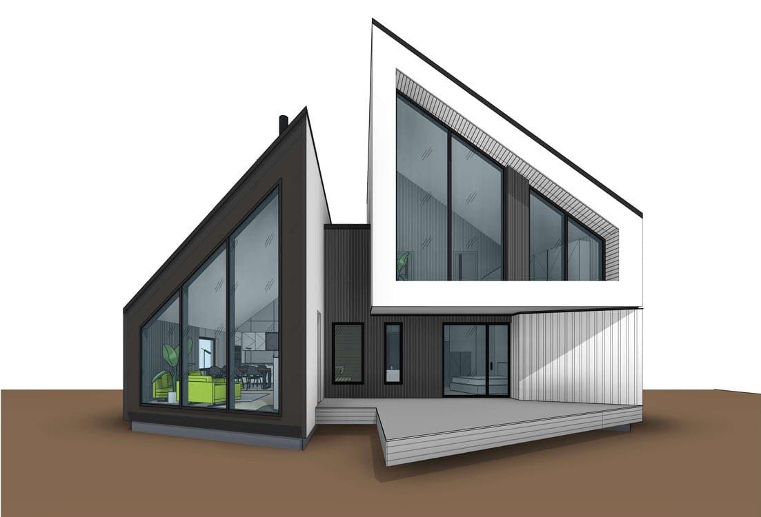 Project of a modern house with panoramic windows and a terrace in Kolašin, Montenegro: exterior view of the architectural design.