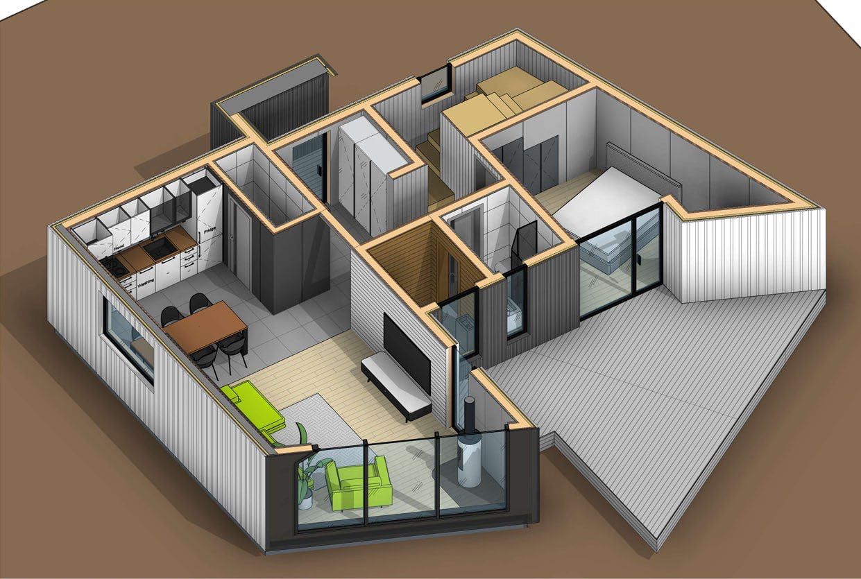 3D floor plan of a modern house in Kolašin, Montenegro: kitchen, living room with fireplace, bedroom, and a spacious terrace.