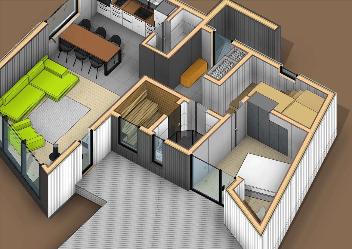 3D floor plan of a modern house in Kolašin, Montenegro: living room, kitchen, bedroom, and sauna with panoramic glazing.