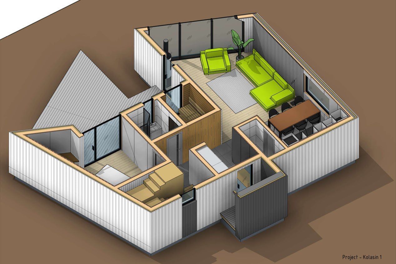 3D floor plan of a house in Kolašin, Montenegro: a living room with bright furniture, a dining area, a fireplace, and a bedroom.