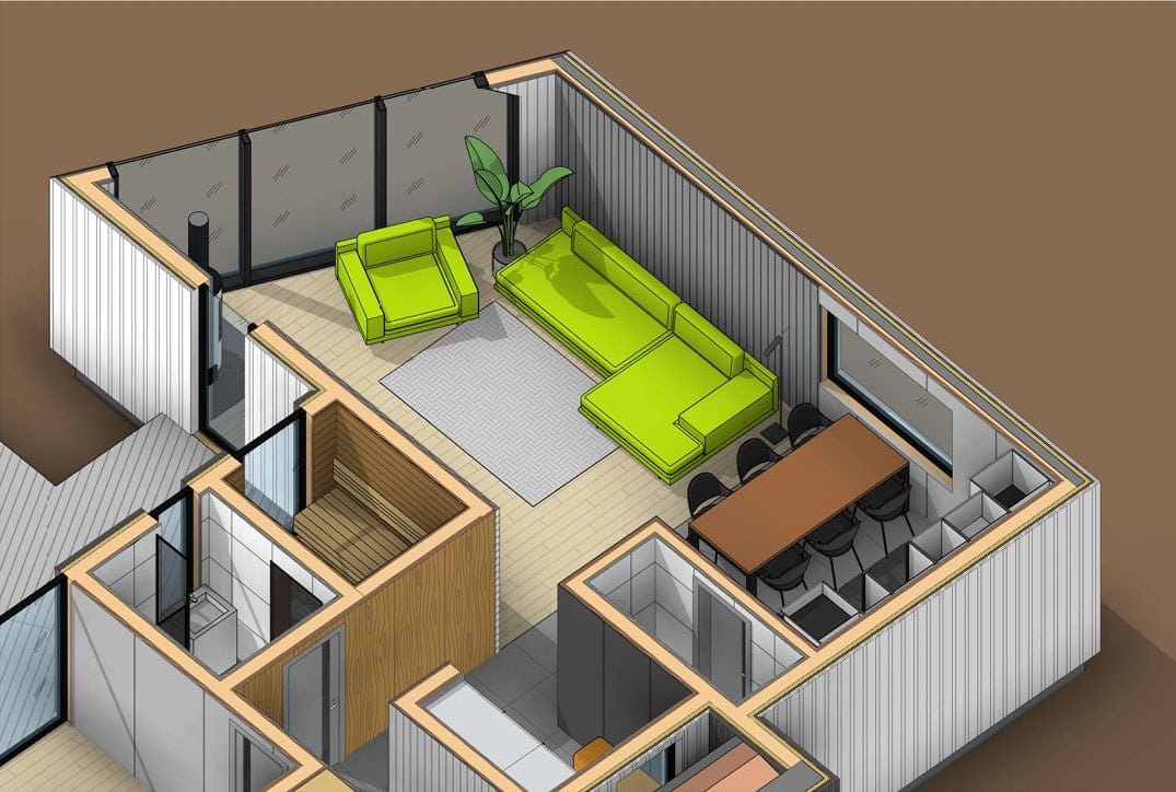 3D layout of a living room with bright furniture and a sauna in a house project, Kolašin, Montenegro.