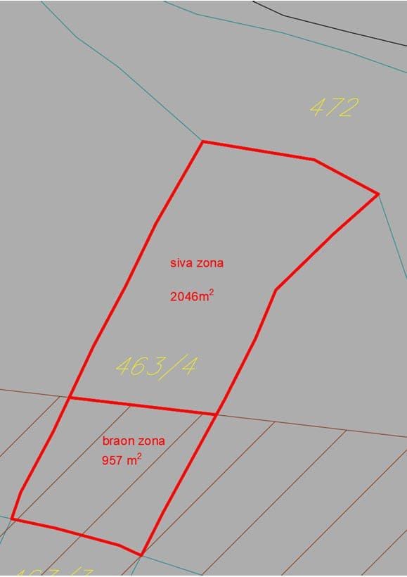 Cadastral plan of a 3003 m² land plot in Kolašin, Montenegro: zone boundaries of 2046 m² and 957 m² for development.