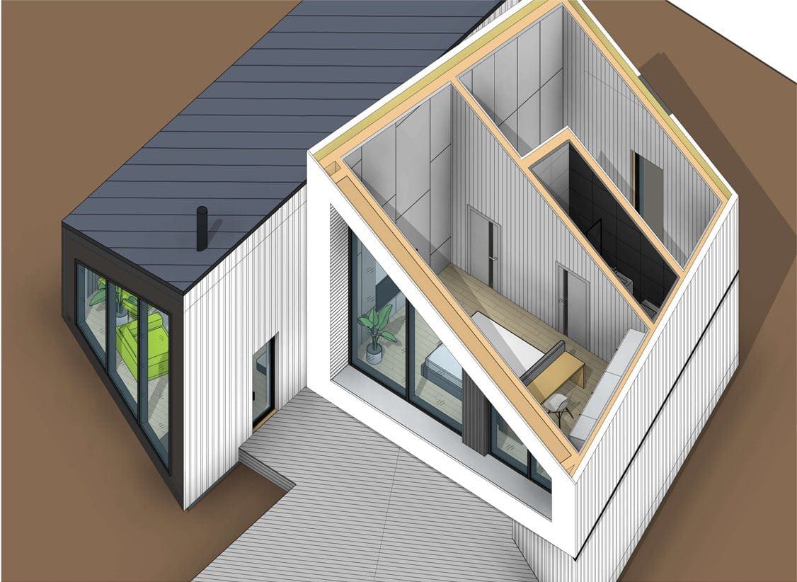 3D visualization of a modern house with panoramic windows and a terrace for a real estate project in Kolašin, Montenegro.