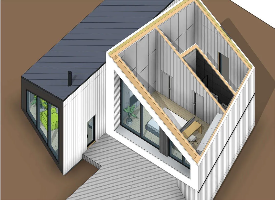 3D architectural floor plan of a modern house showing a bedroom and living room through a roof cutaway.