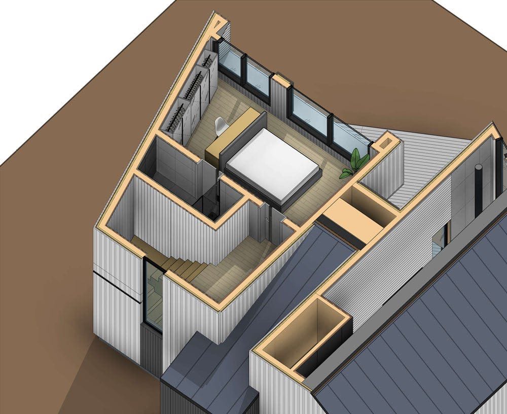 3D floor plan of a bedroom in a modern house: Kolasin, Montenegro. Top view of the interior with a bed and wardrobe.