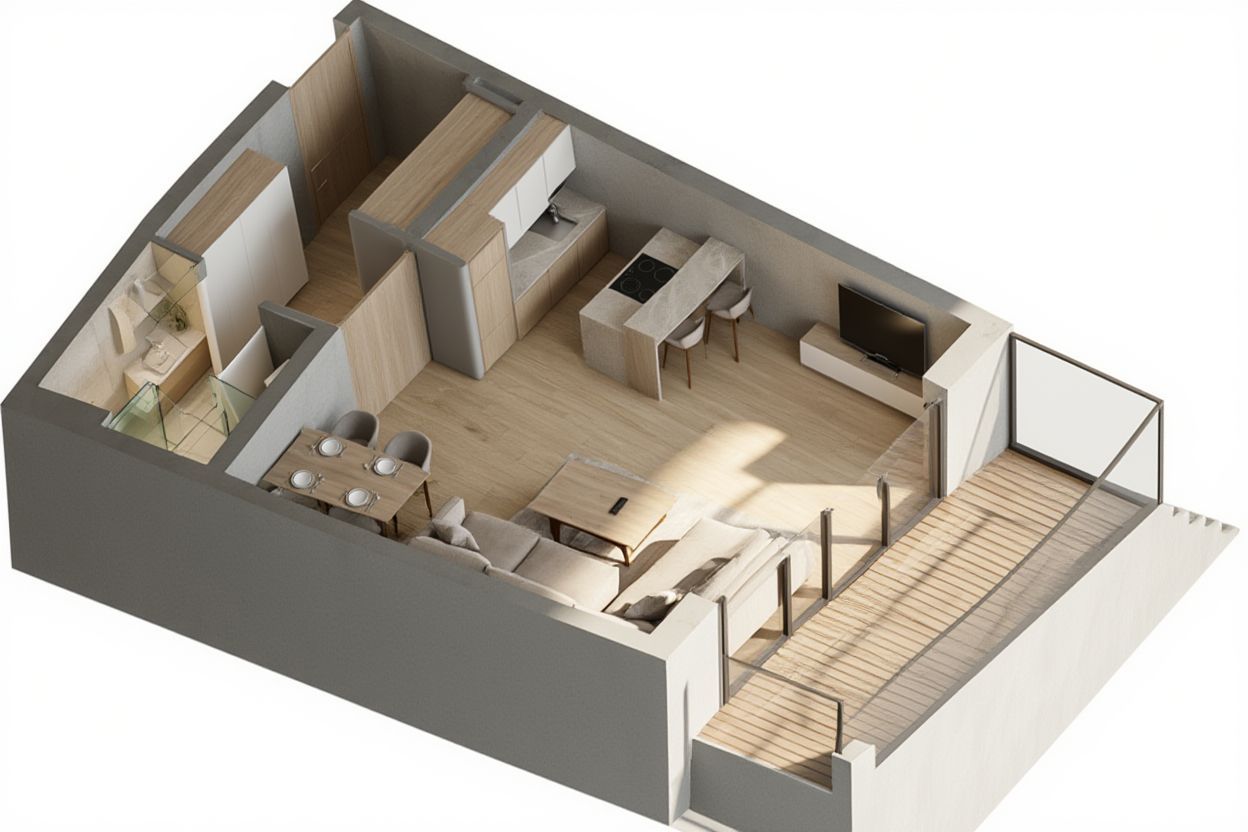 3D floor plan of an apartment in Bečići, Montenegro: modern-style living room with a kitchen, dining area, and terrace.