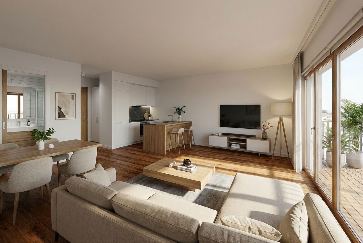 Modern living room with an open-plan kitchen in a Becici apartment, Montenegro: light-colored furniture, wooden flooring, and access to the terrace.