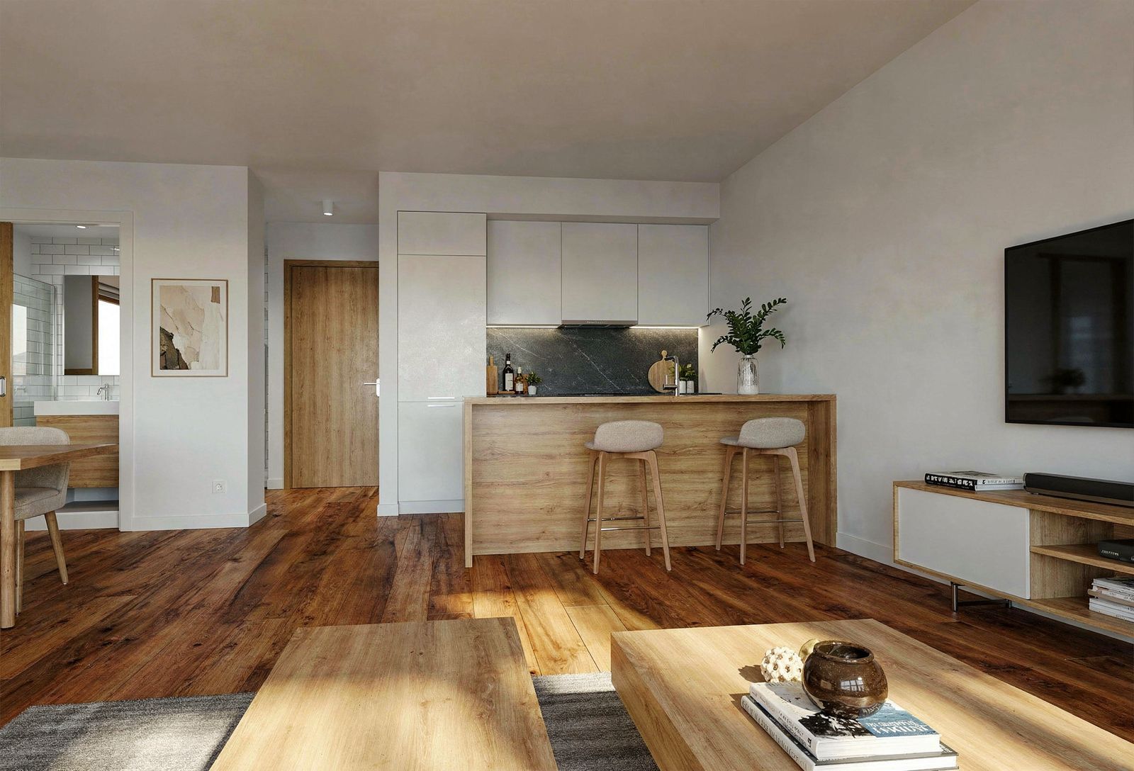 Modern living room with a kitchen in an apartment in Bečići, Montenegro: wooden flooring, breakfast bar, and stylish interior.