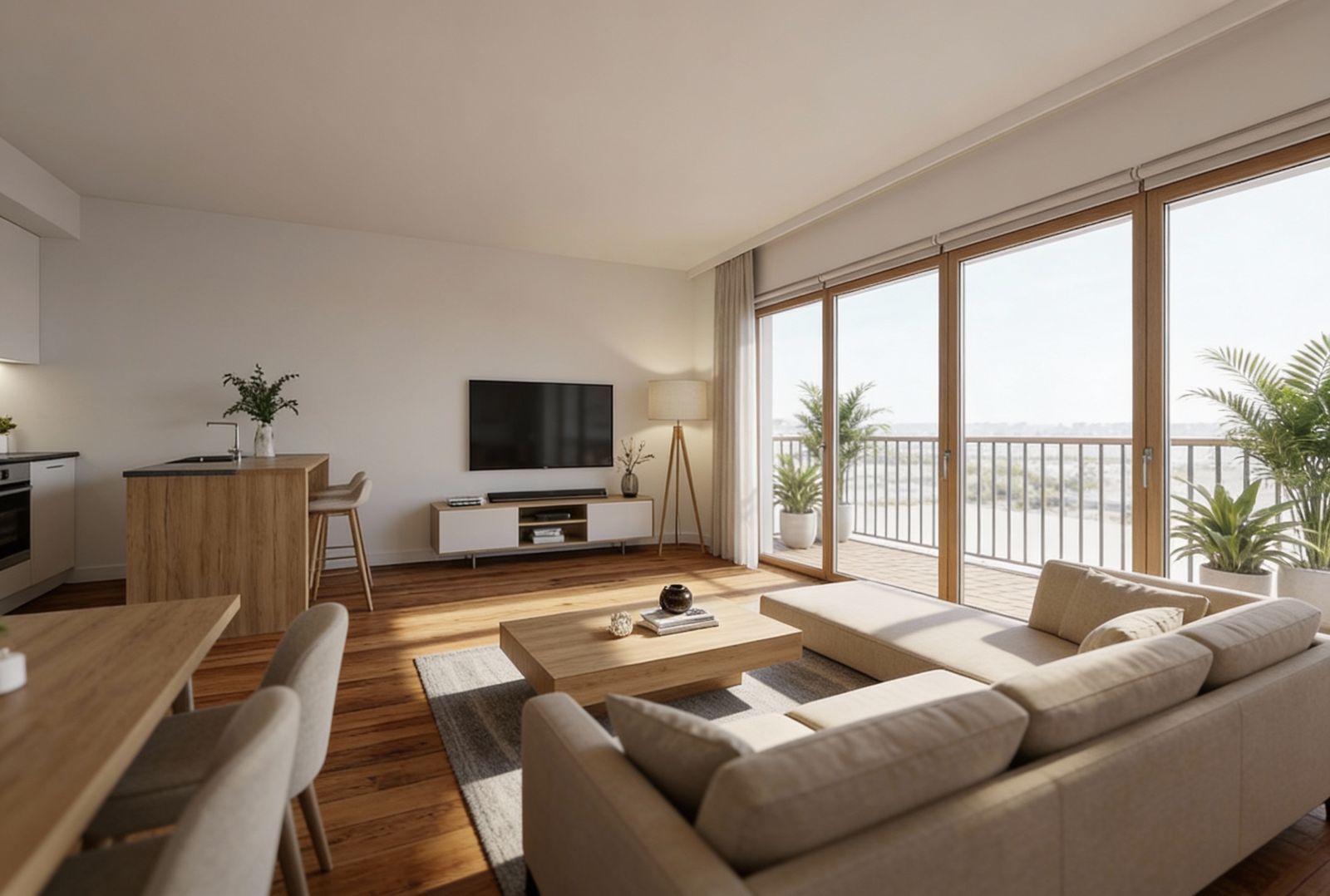 Modern living room with an open-plan kitchen in a Becici apartment, Montenegro: panoramic windows, terrace, and bright interior furniture.
