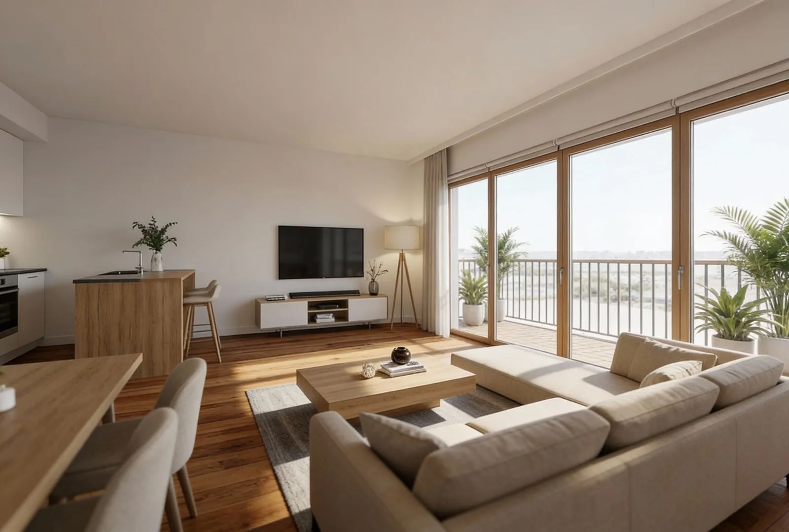 Bright living room with beige sofa, wooden table, and large balcony featuring panoramic windows.