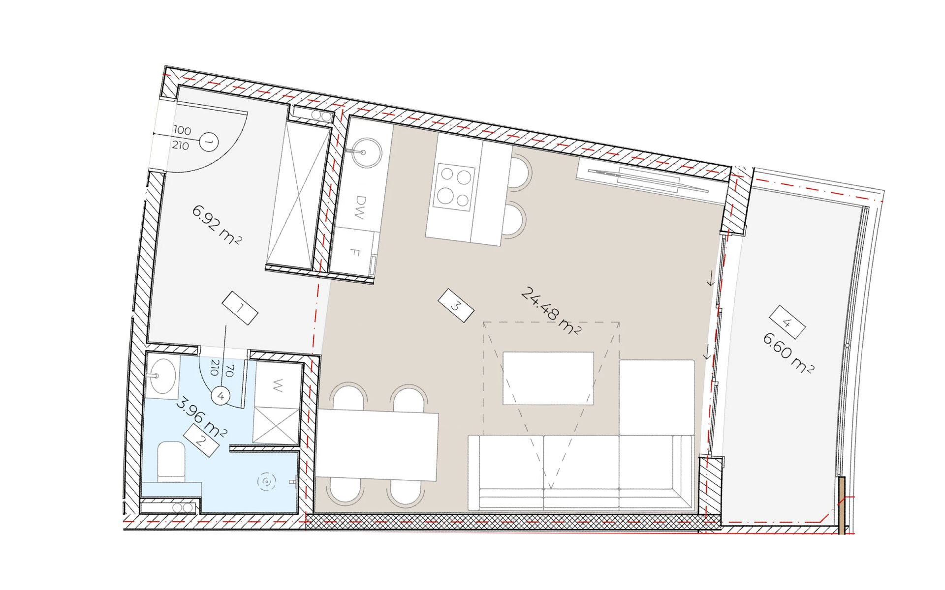 Apartment layout in Becici, Montenegro: living room with kitchen, bedroom, bathroom, and a 6.6 m2 terrace.