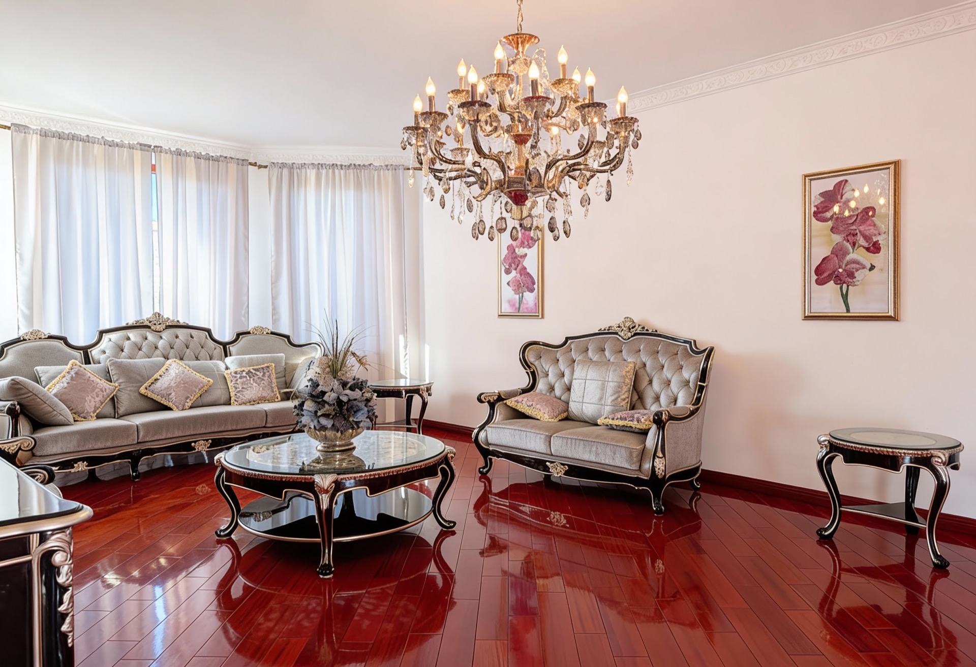 Luxurious living room with classic furniture and a crystal chandelier in a villa in Luštica Bay, Montenegro.