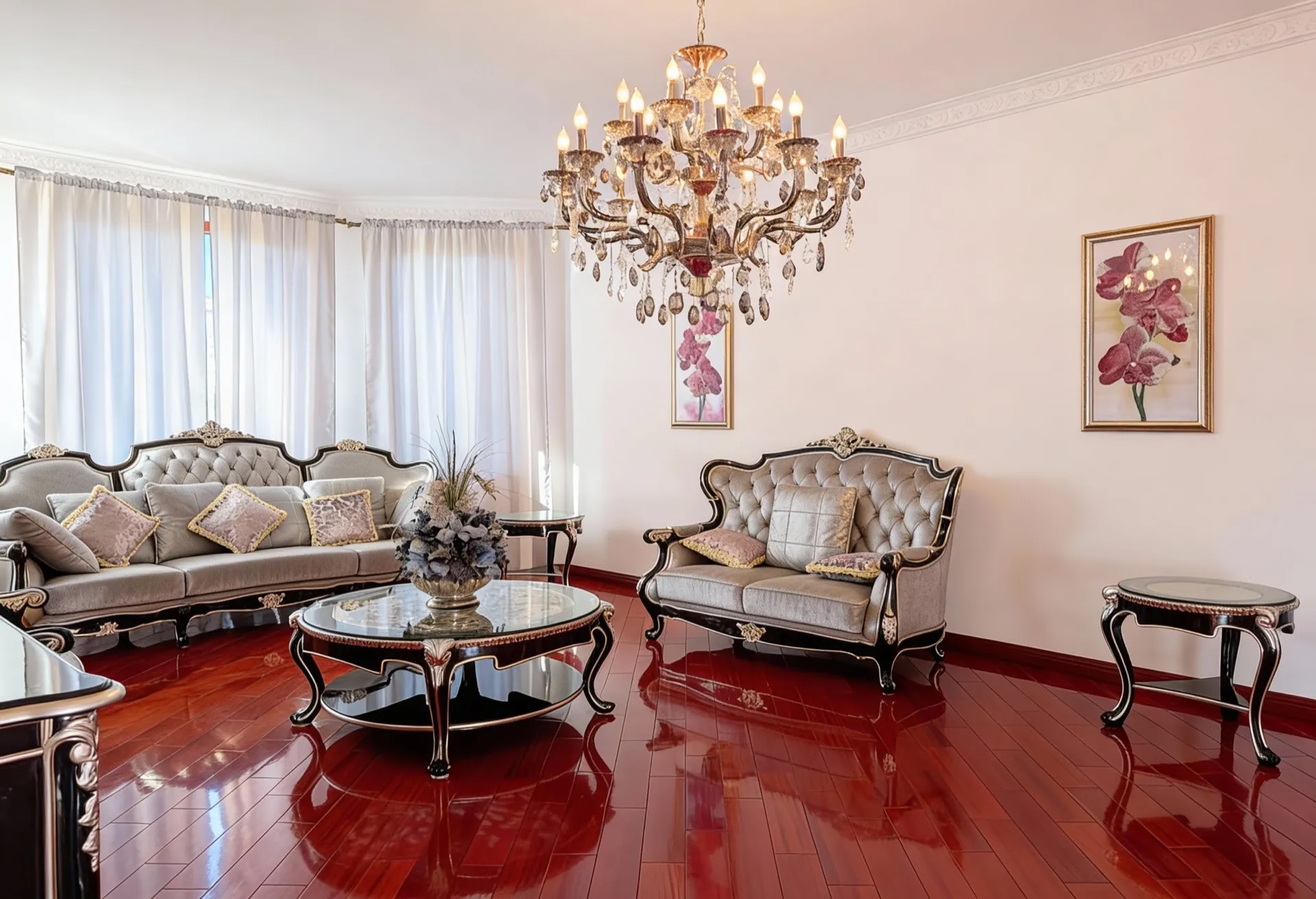 Elegant living room featuring classic furniture, a crystal chandelier, and glossy red parquet flooring.