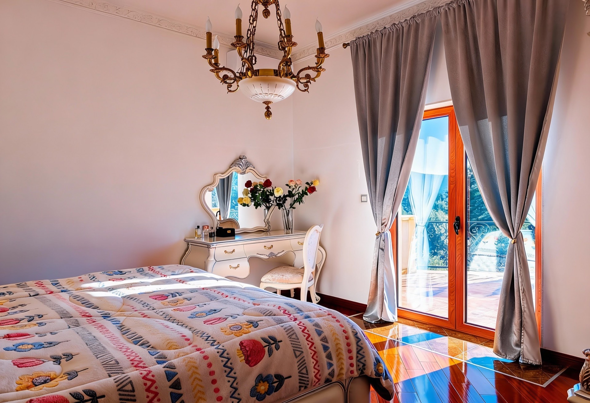 Bedroom in a villa in Lustica, Montenegro: classic furniture, a vanity table, a chandelier, and access to a terrace with a view.