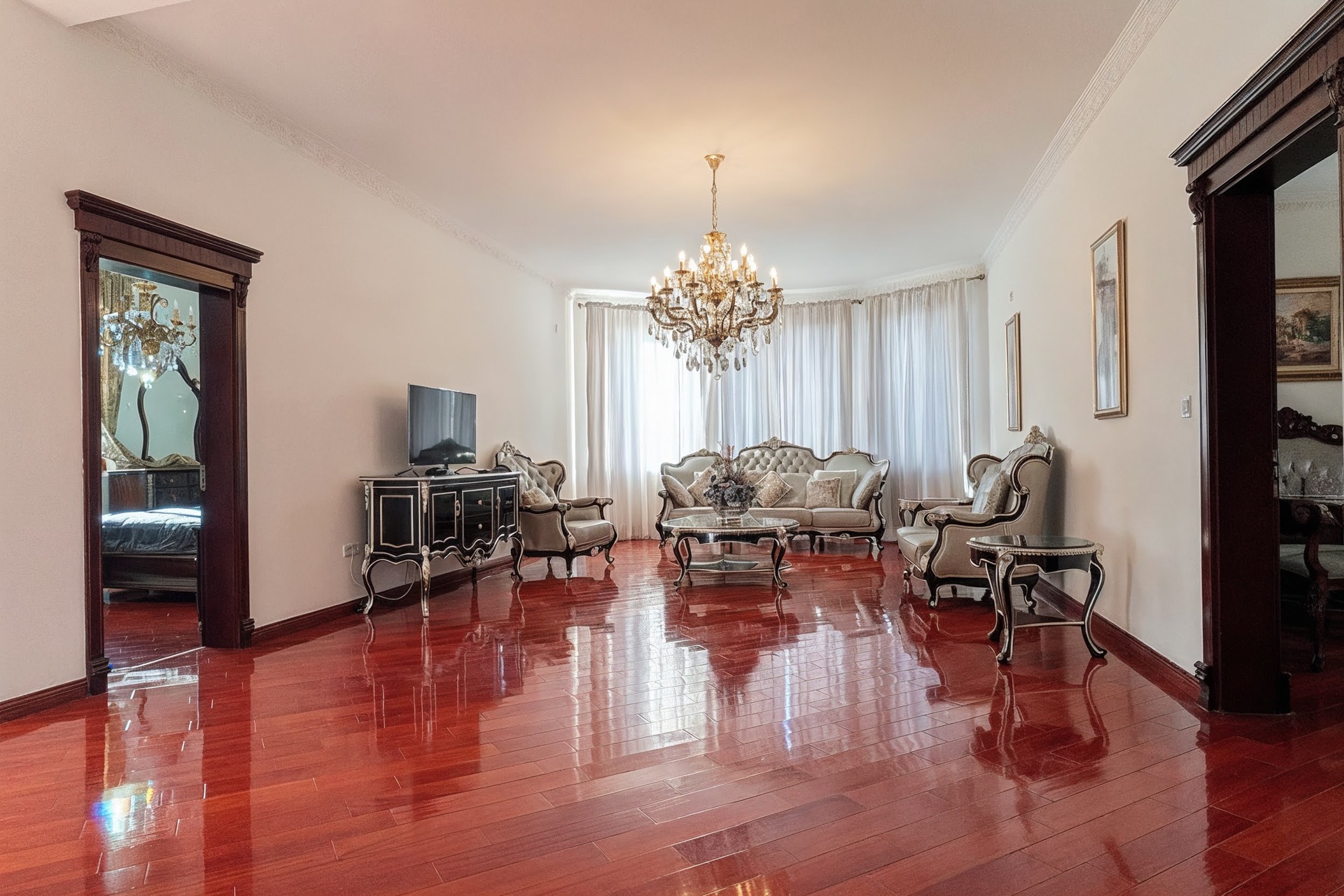 Luxurious living room with classic furniture and parquet flooring in a villa in Luštica Bay, Montenegro.