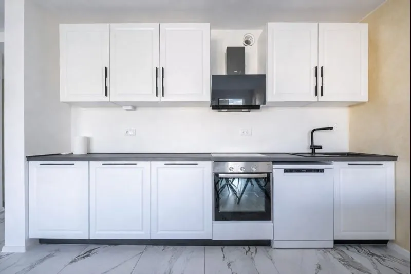 Modern kitchen with white cabinets, black countertop, oven, dishwasher, and range hood.