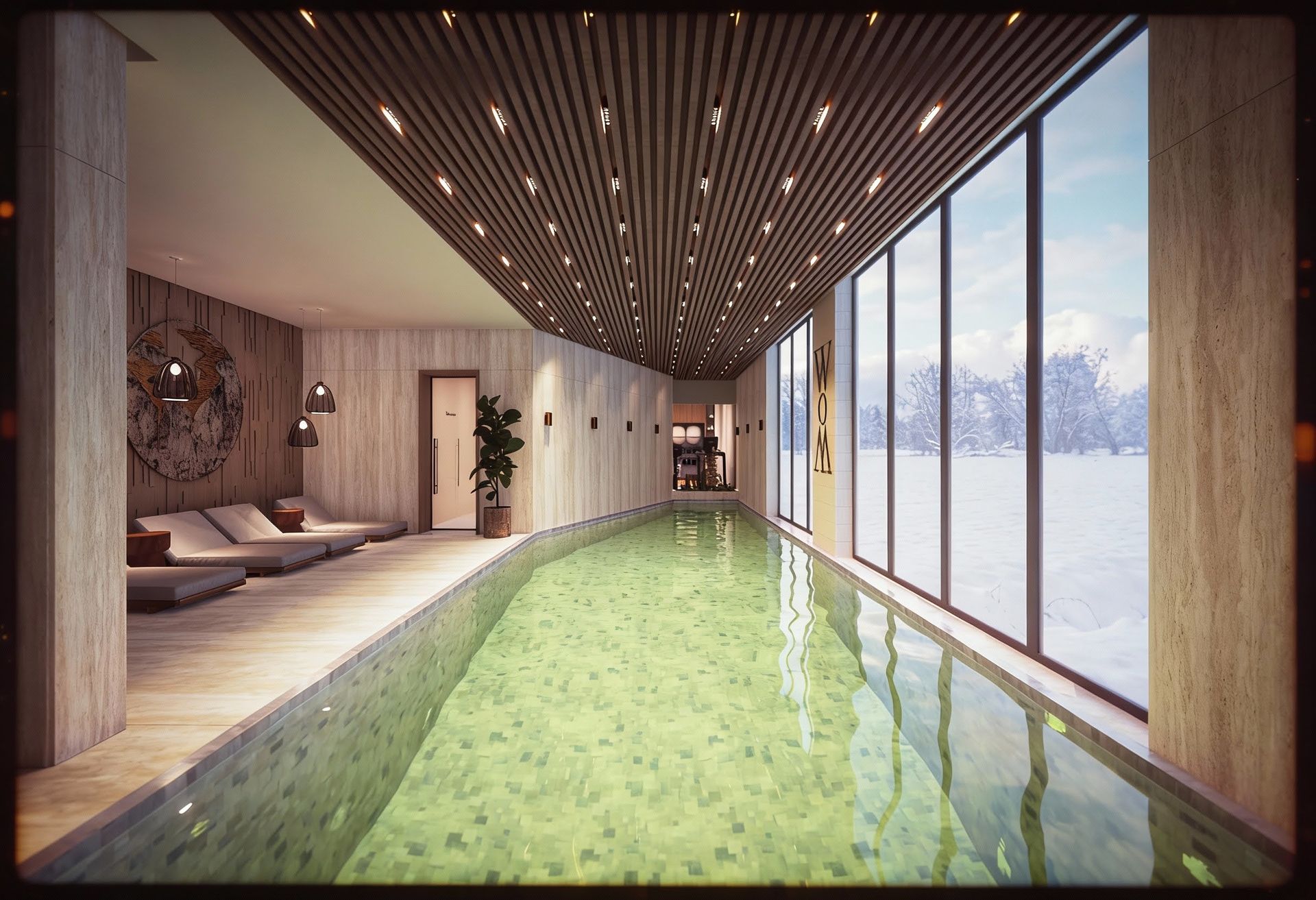 Indoor pool in apartments in Kolašin, Montenegro: panoramic windows, lounge area with sun loungers, and modern design.