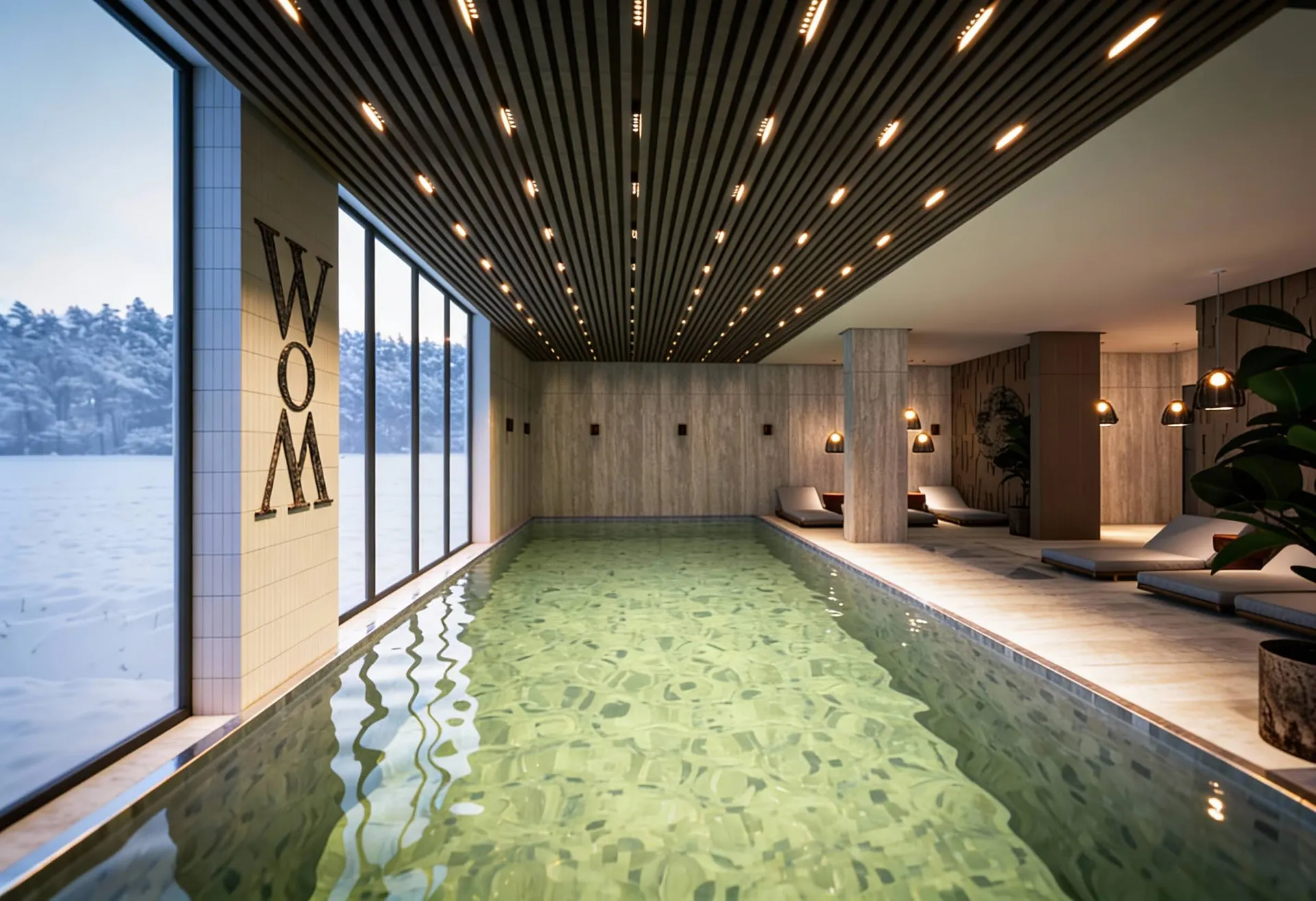 Modern indoor pool with panoramic windows overlooking a snowy forest. Lounge chairs are arranged on the right for relaxation under warm lighting.