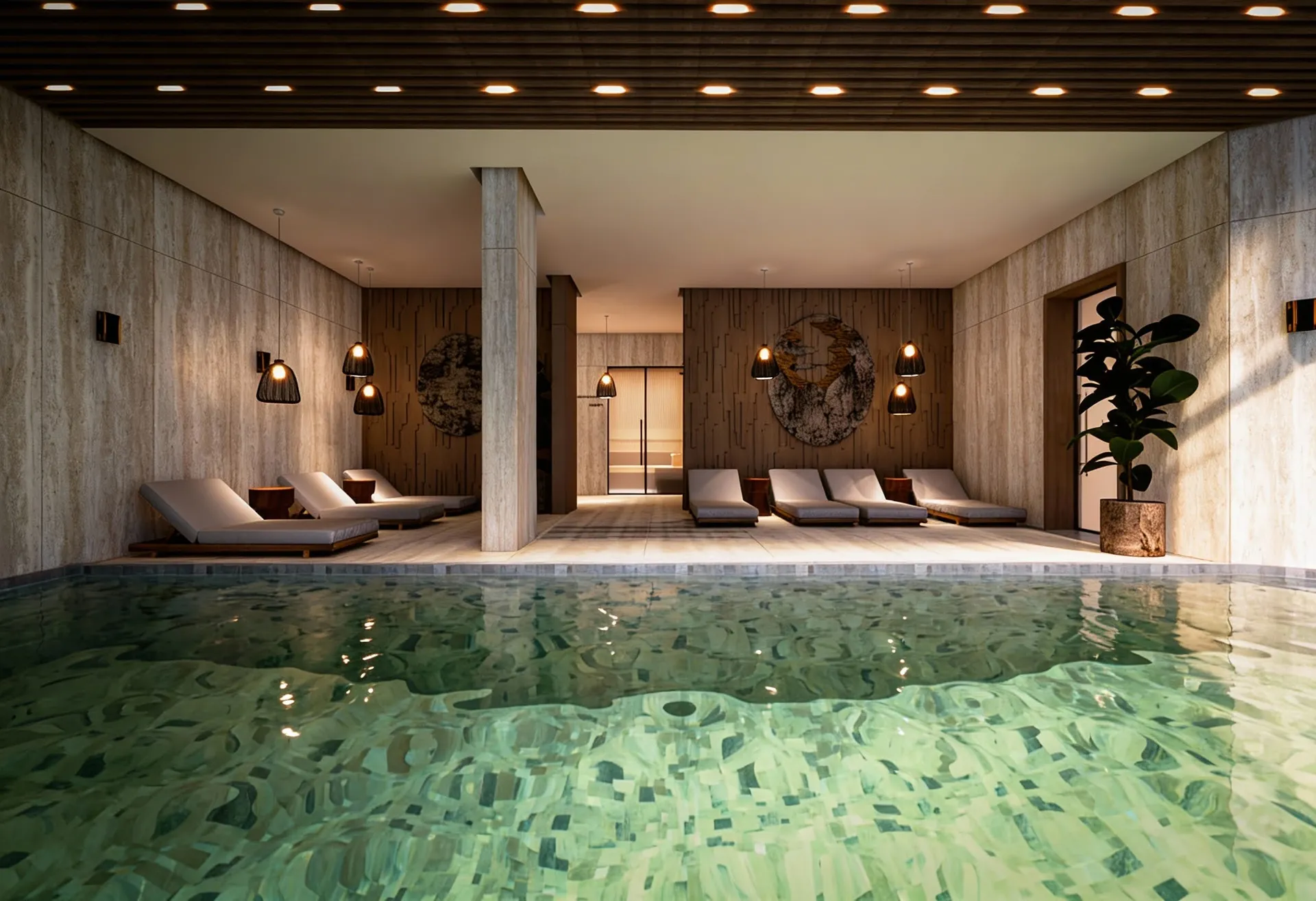 Modern indoor pool with green mosaic tiles, lounge chairs, and a wooden slat ceiling.