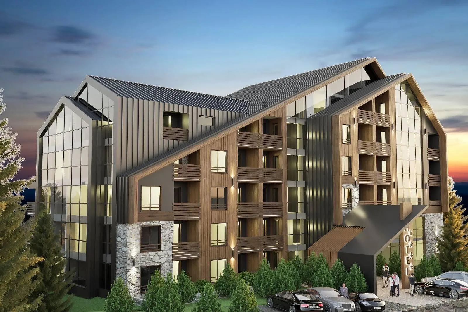 Modern hotel with wooden facade and stone base at sunset. Features balconies, large windows, and luxury cars parked near the entrance.