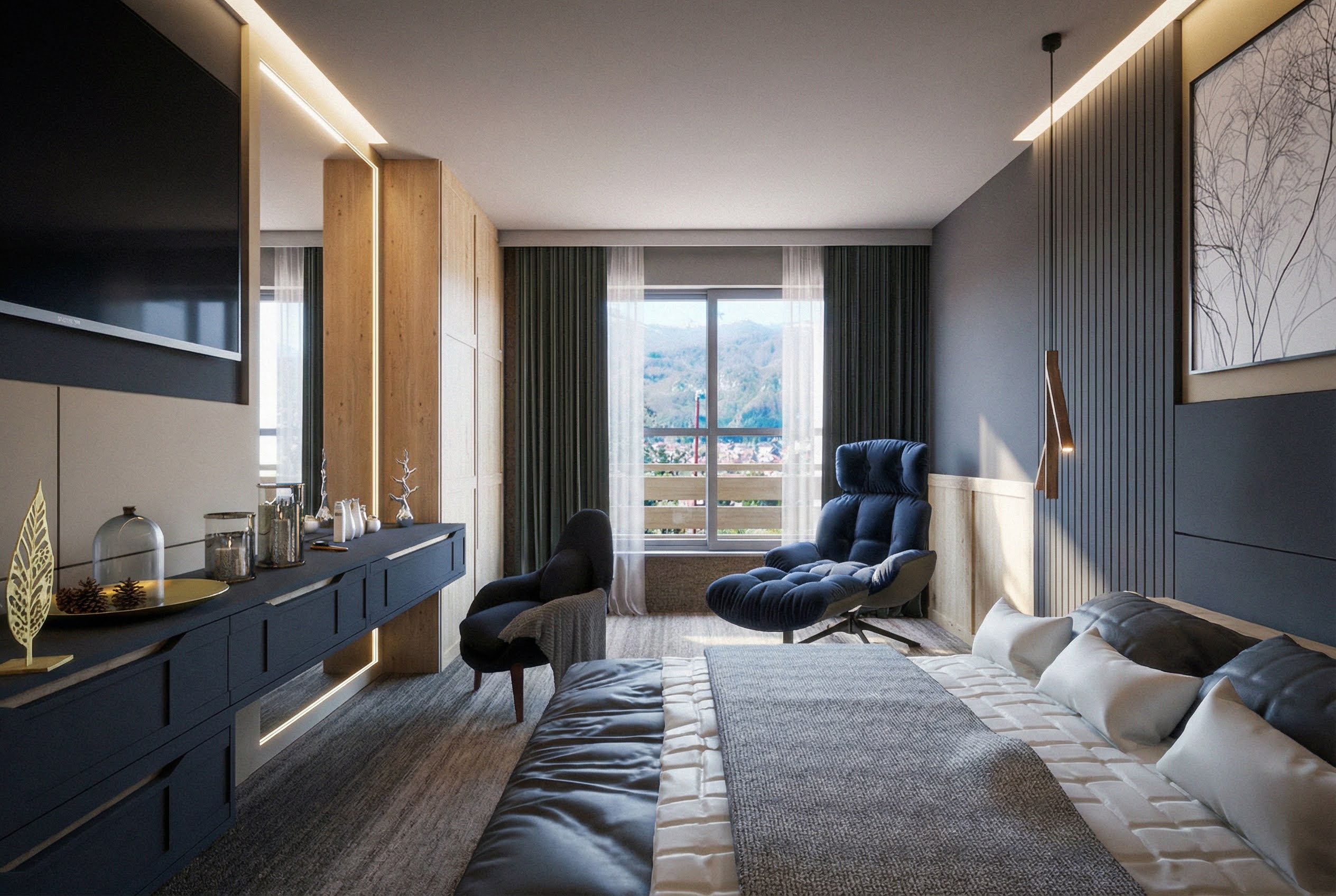 Modern bedroom in an apartment in Kolašin, Montenegro: stylish furniture, panoramic window with mountain views.