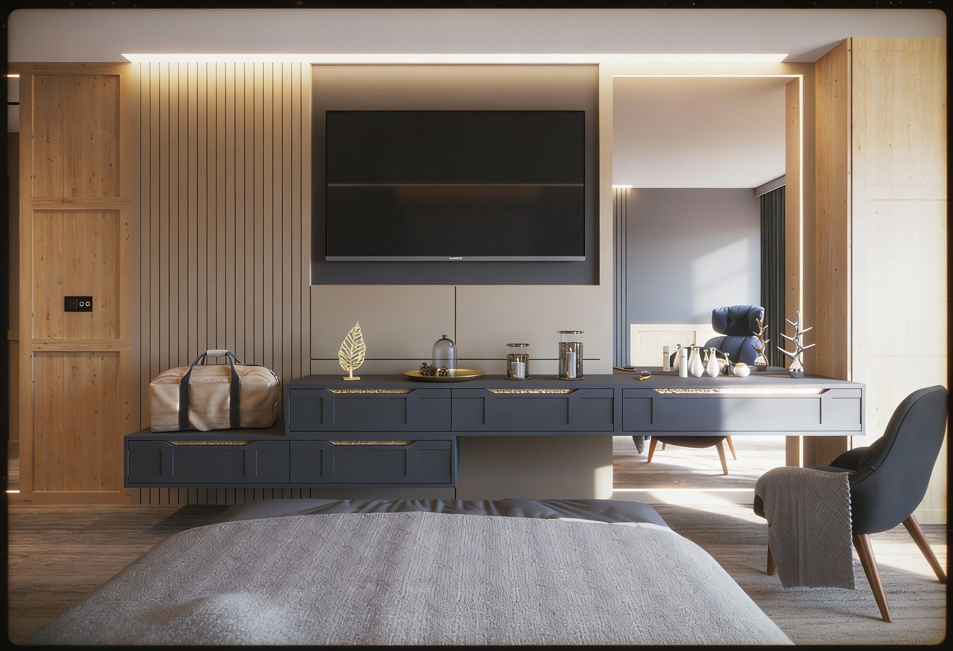 Modern bedroom in an apartment, Kolašin, Montenegro: floating nightstand, TV area, wood finishes, and an armchair.