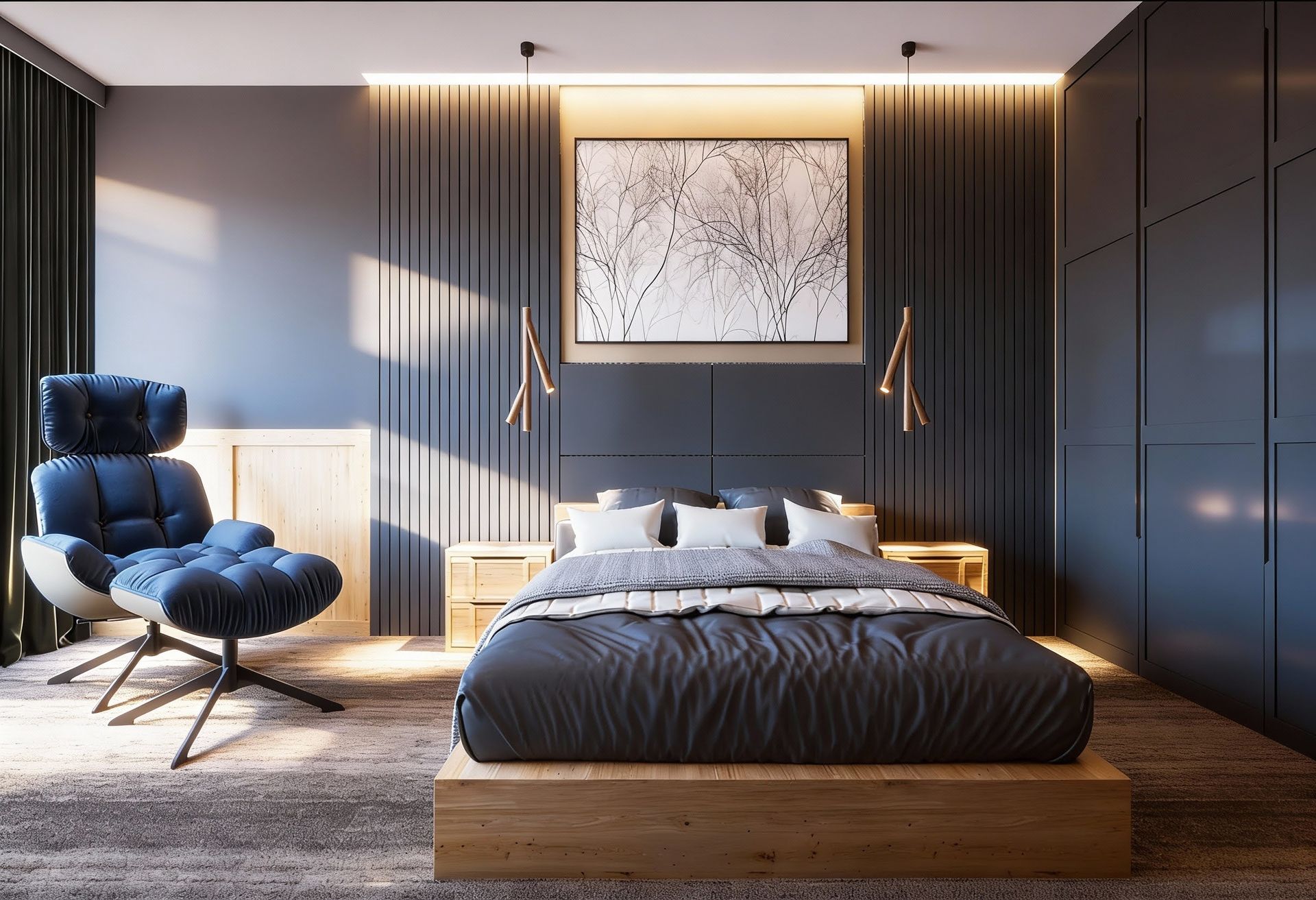 Modern bedroom in an apartment in Kolašin, Montenegro: a double bed, a blue armchair, and stylish wood finishes.