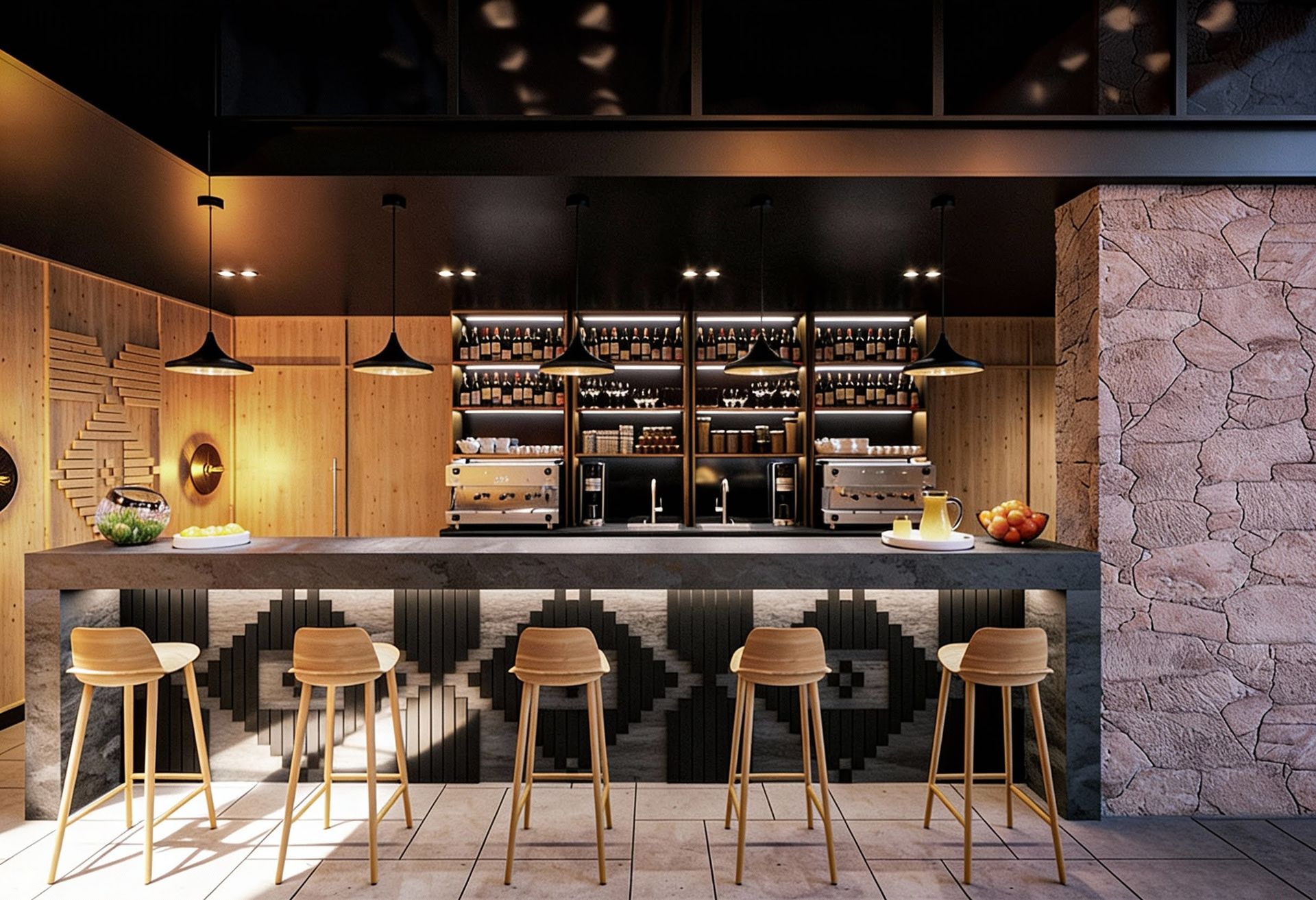Modern bar counter with wooden chairs in the interior of an apartment in Kolašin, Montenegro.