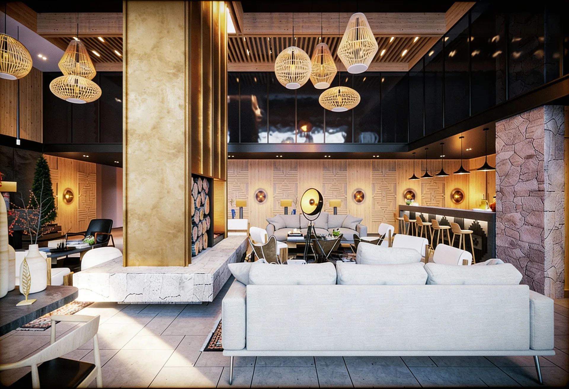 Modern living room with white sofas, woven pendant lights, and a white marble fireplace in a luxury interior.