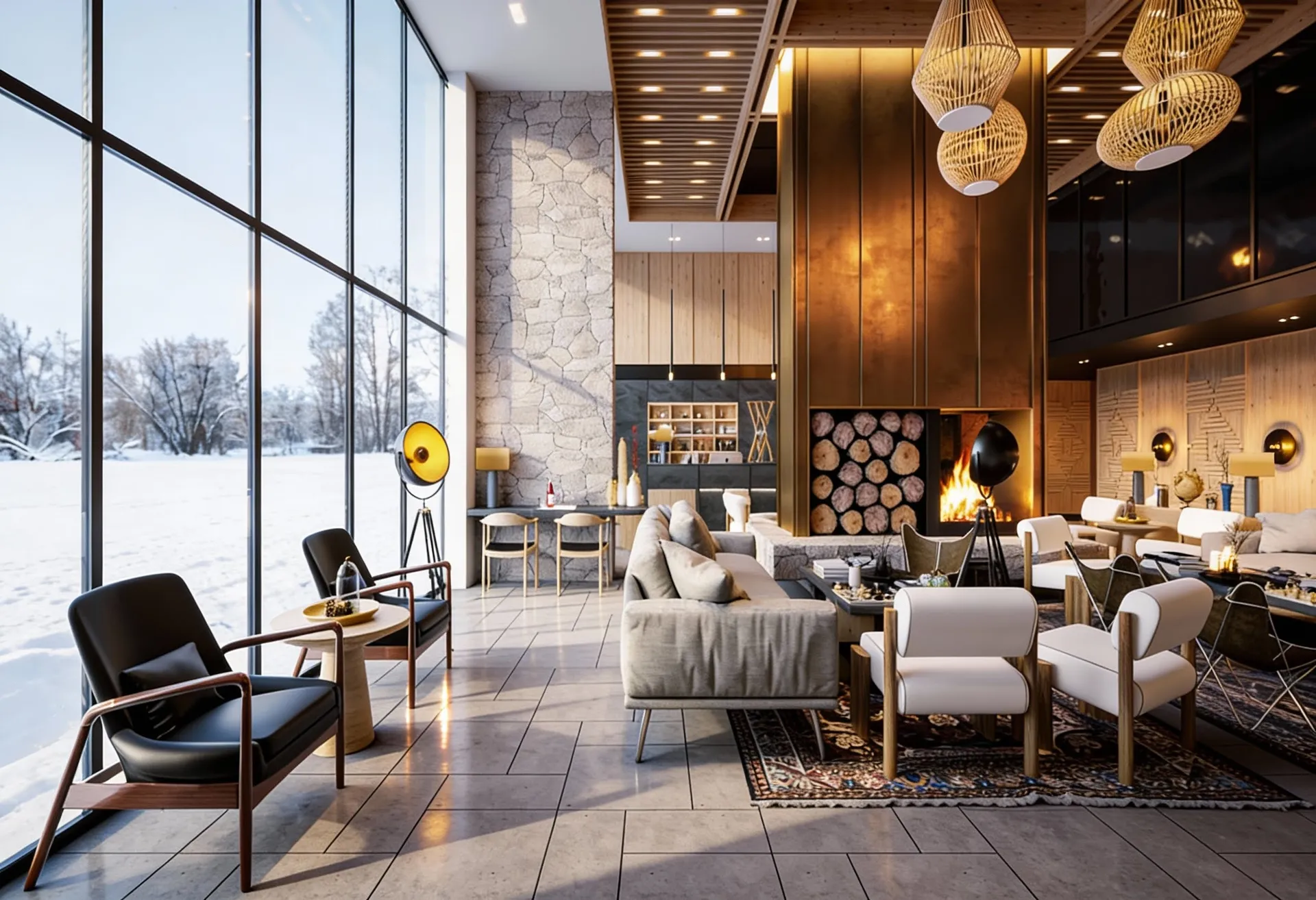 Modern living room with a fireplace, panoramic windows overlooking a winter landscape, comfortable furniture, and woven pendant lights.