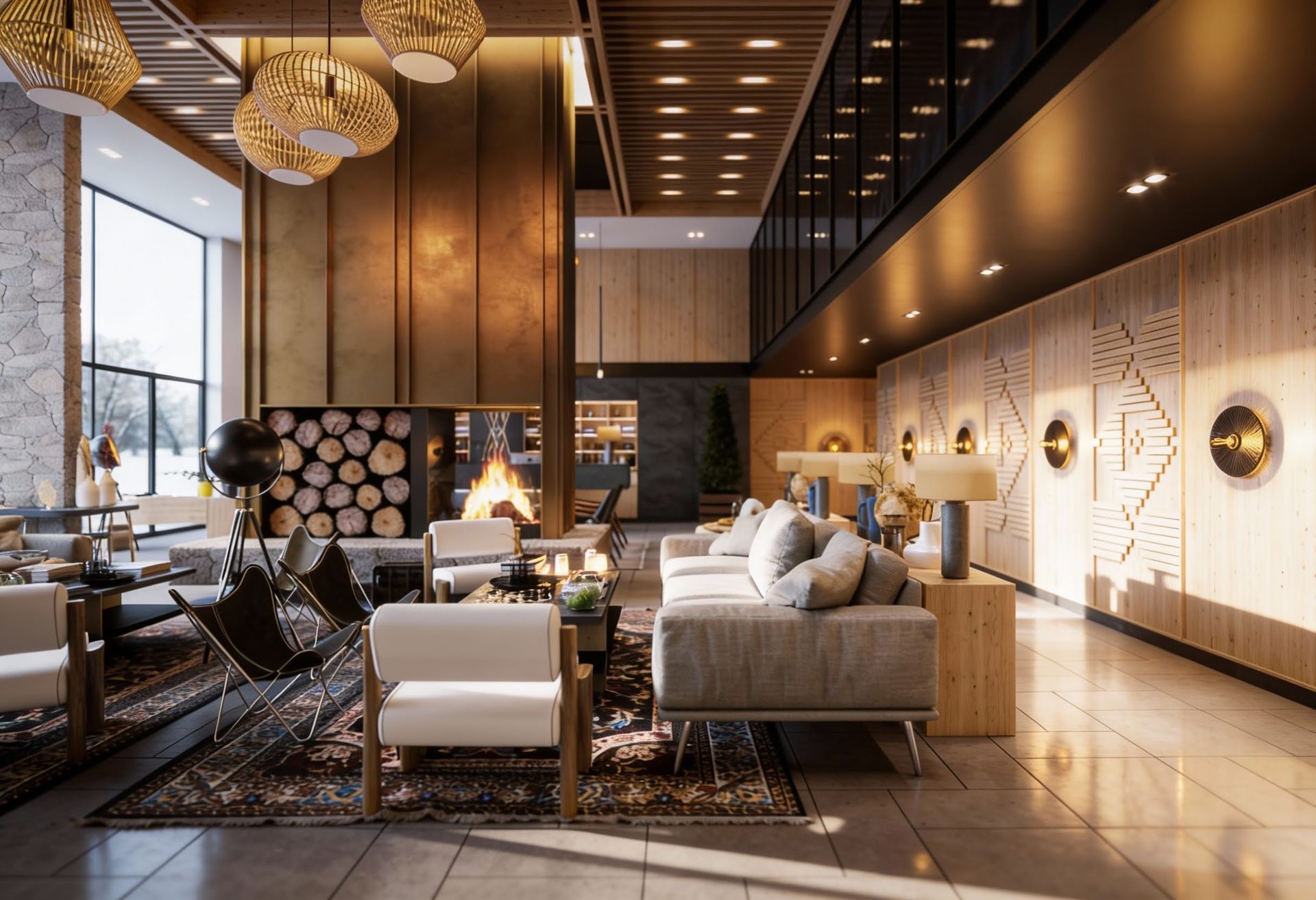 Living room interior in an apartment in Kolašin, Montenegro: fireplace, designer furniture, wood finishes, and panoramic windows.