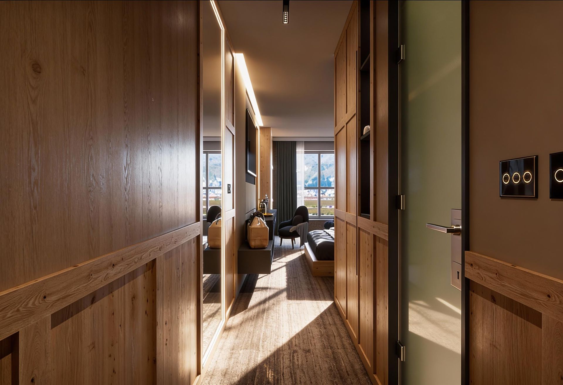 Modern bedroom with wood finishes and mountain views in an apartment, Kolasin, Montenegro.