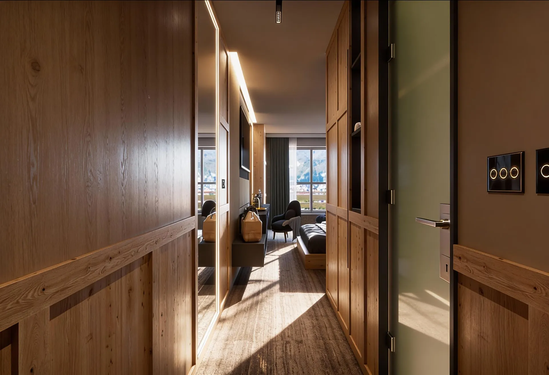 Modern bedroom with wood paneling, a large mirror, and a mountain view through the window.