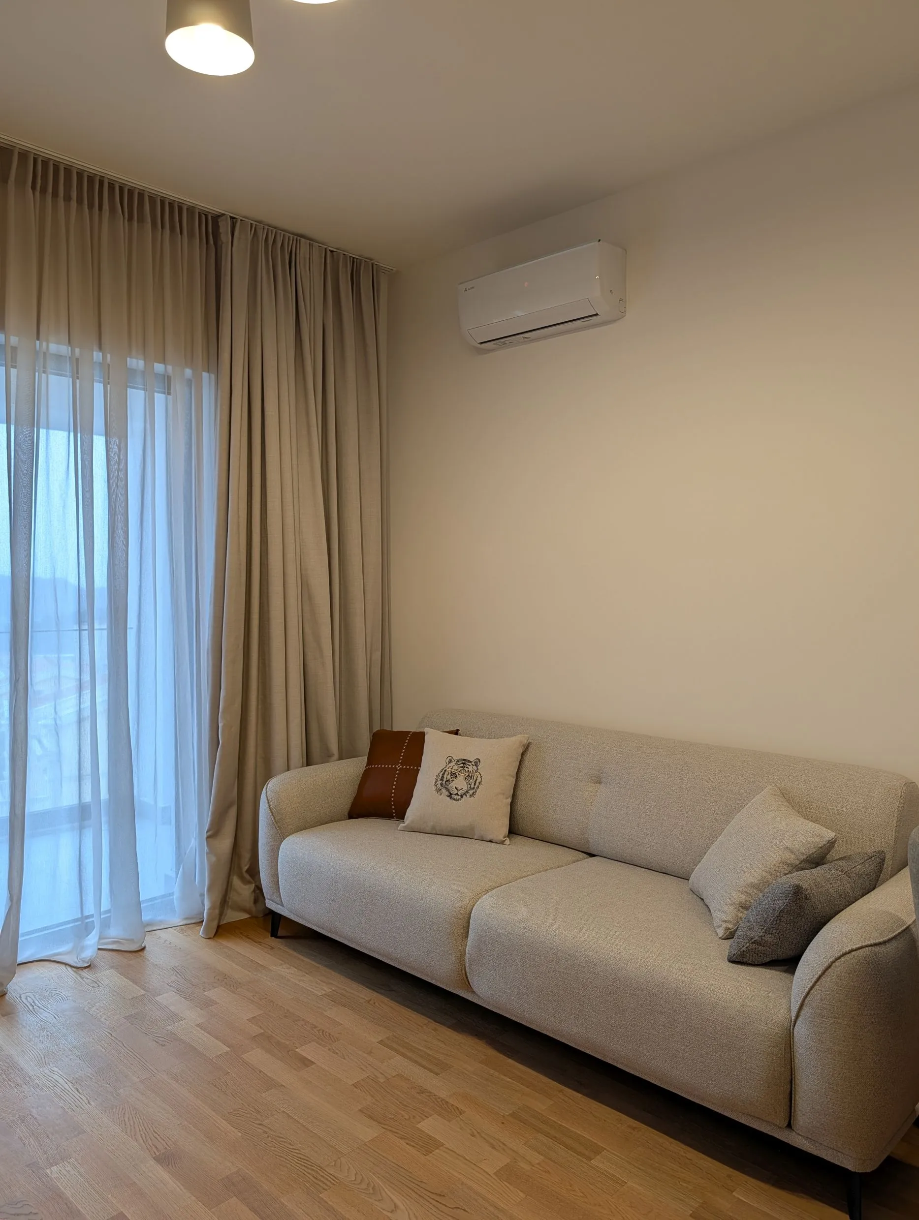 Bright room with a beige sofa, tiger pillow, wooden floor, and wall-mounted air conditioner unit.