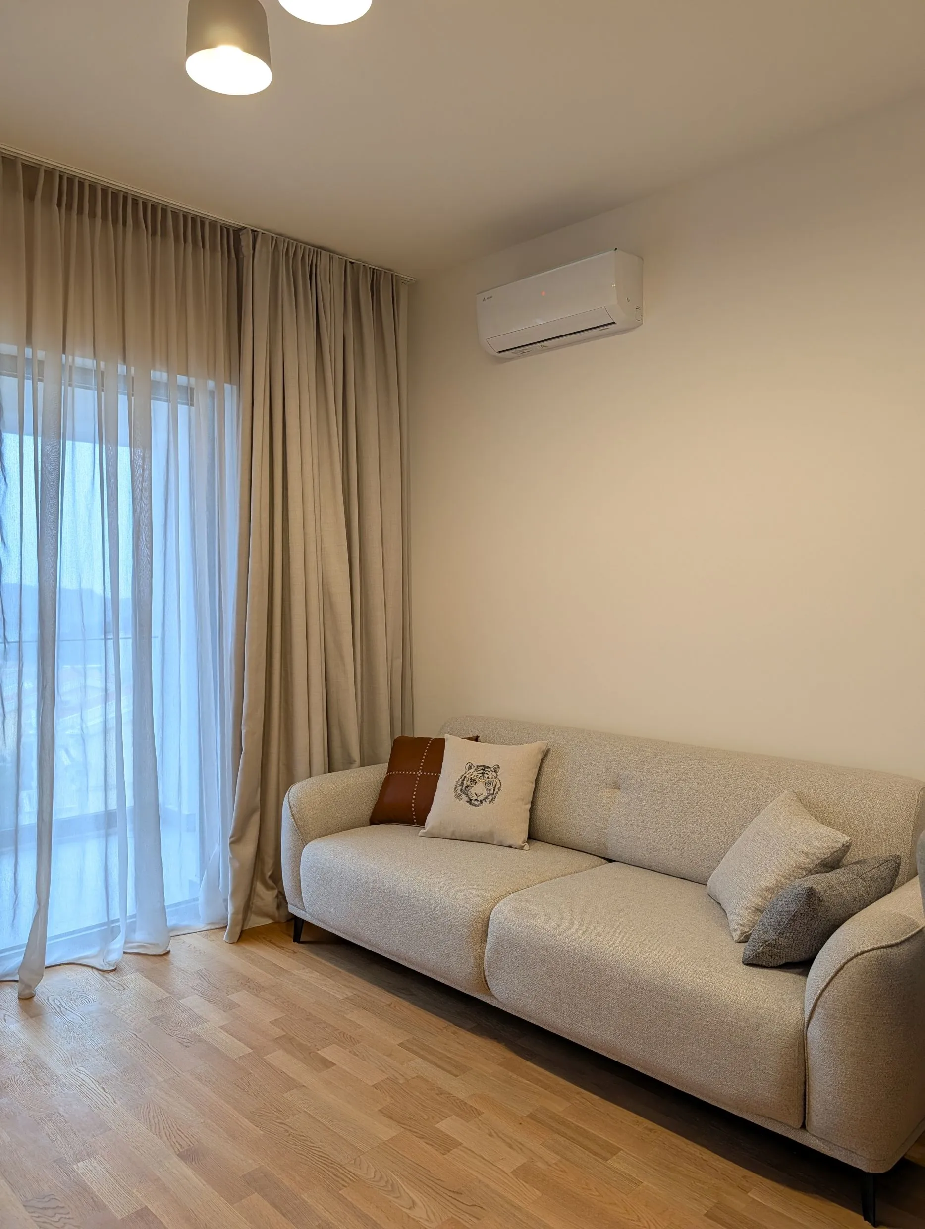 Bright room with a beige sofa, tiger pillow, wooden floor, and wall-mounted air conditioner unit.