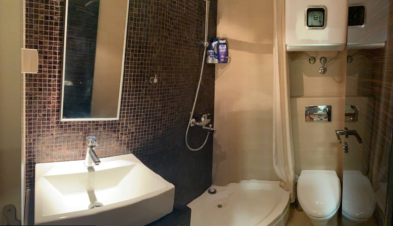 Bathroom in an apartment in Budva, Montenegro: modern fixtures, a shower cabin, and dark mosaic finishes.