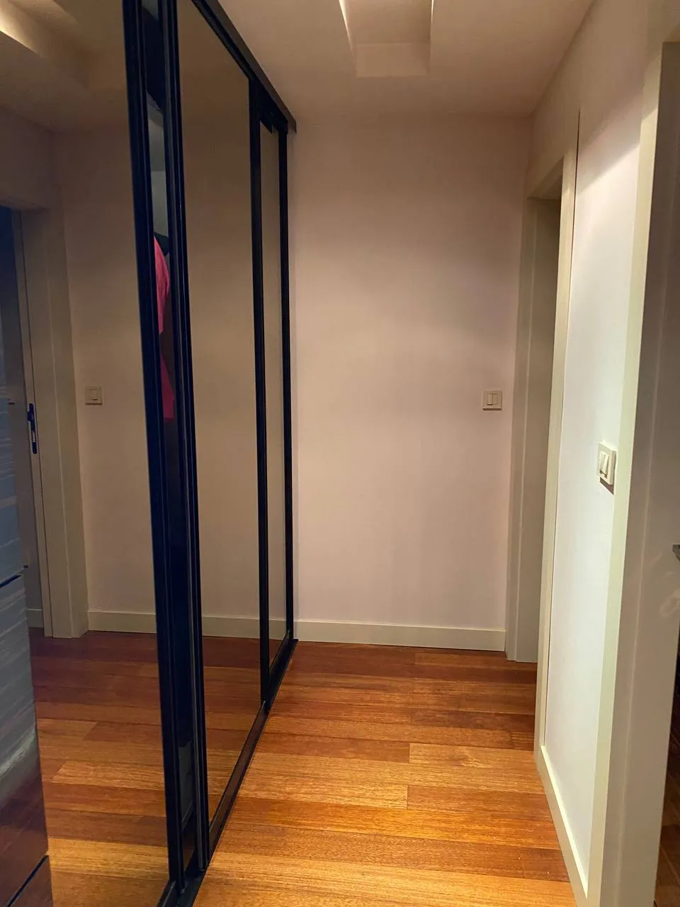 Hallway with wooden flooring and mirrored wardrobe doors in black frames. White walls, light switches, and open doorways visible.