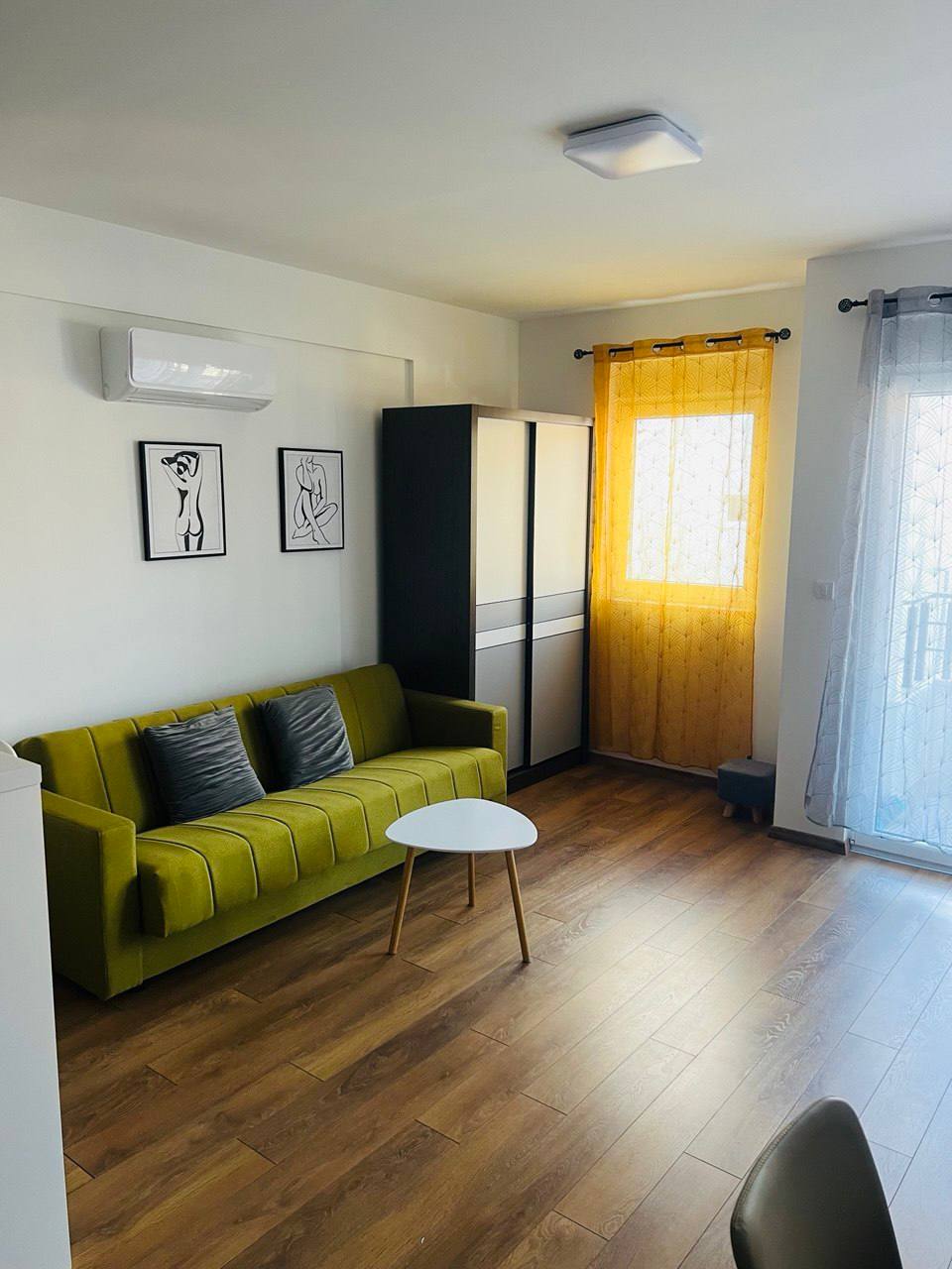 Living room in an apartment in Budva, Montenegro: green sofa, coffee table, cabinet, and a bright interior with laminate flooring.