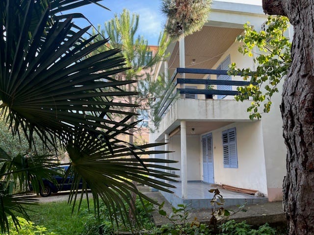 Two-story house with terraces and blue shutters surrounded by palm trees, Dobra Voda, Montenegro. Front view of the house.