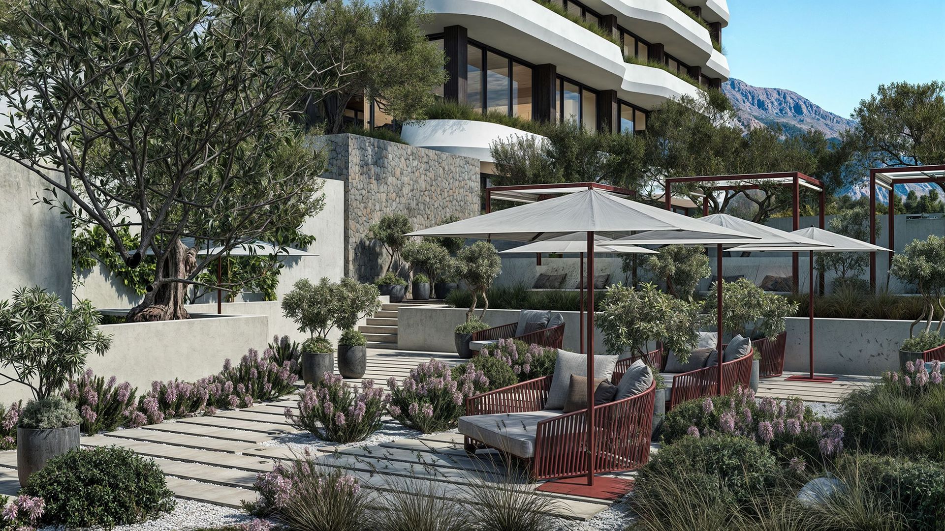 Landscaped terrace with a lounge area and garden in a luxury residential complex in Reževići, Montenegro.