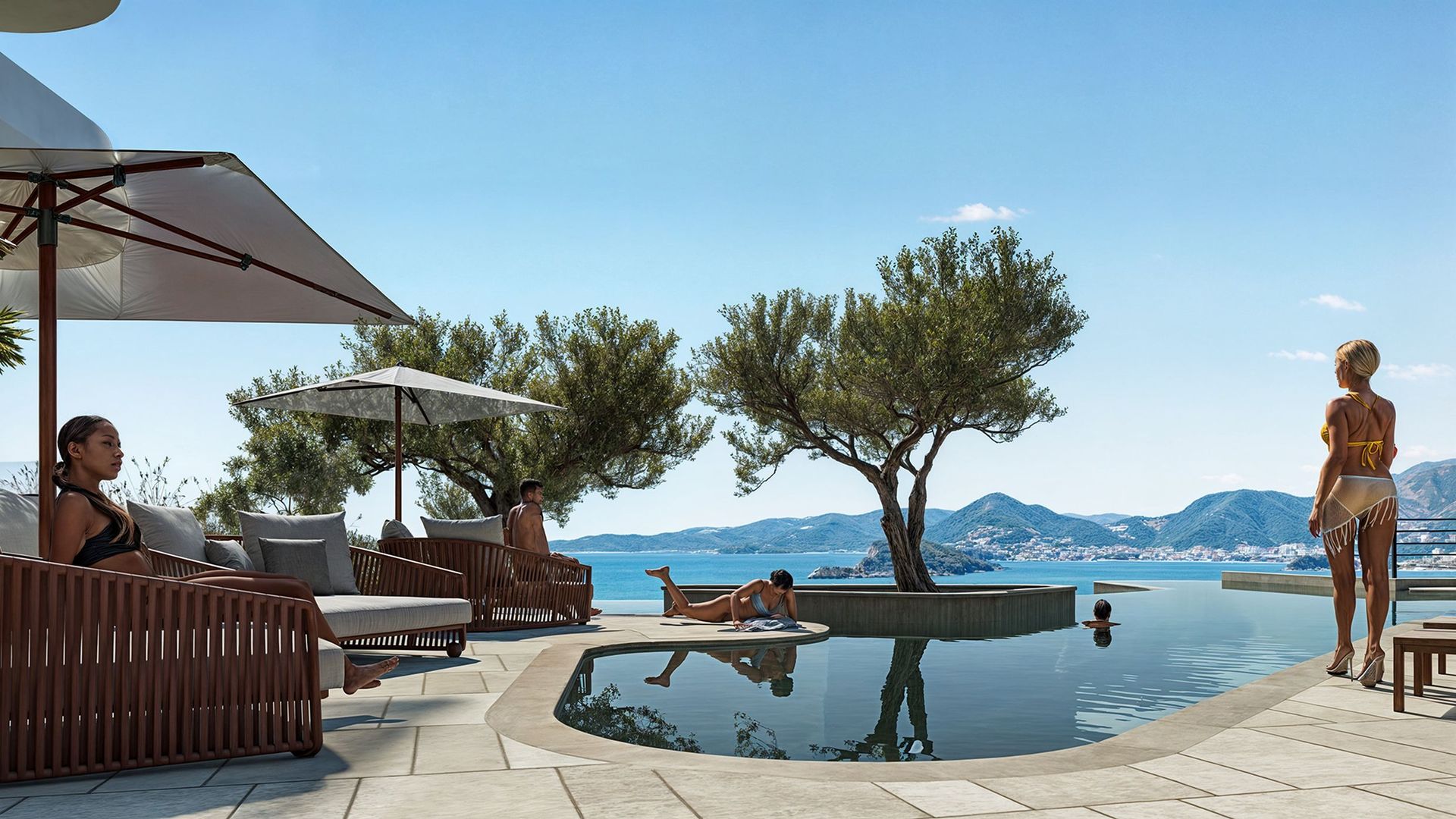 Infinity pool with sea view in Reževići residential complex, Montenegro: terrace with loungers, olive trees, and mountain panorama.