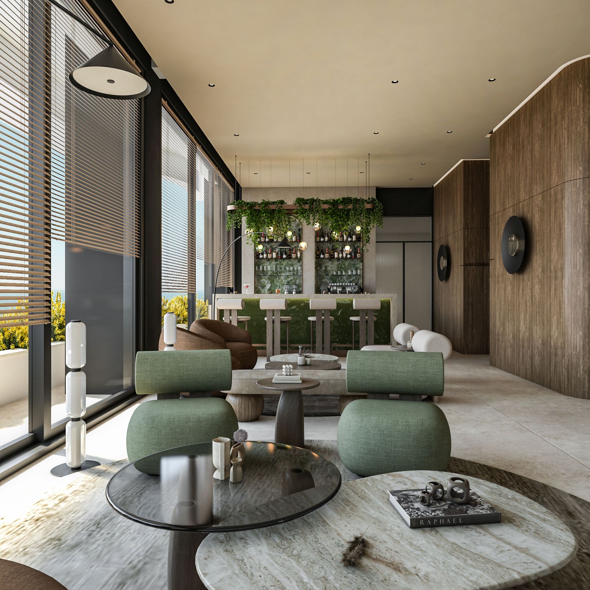 Living room design with a bar area in the Reževići residential complex, Montenegro: modern furniture, panoramic windows, and wood finishes.