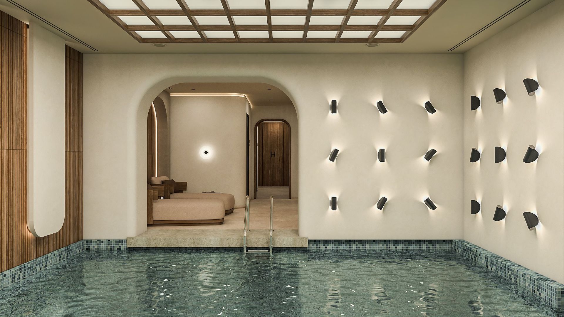 Indoor swimming pool with designer lighting and lounge area in a luxury residential complex, Reževići, Montenegro.