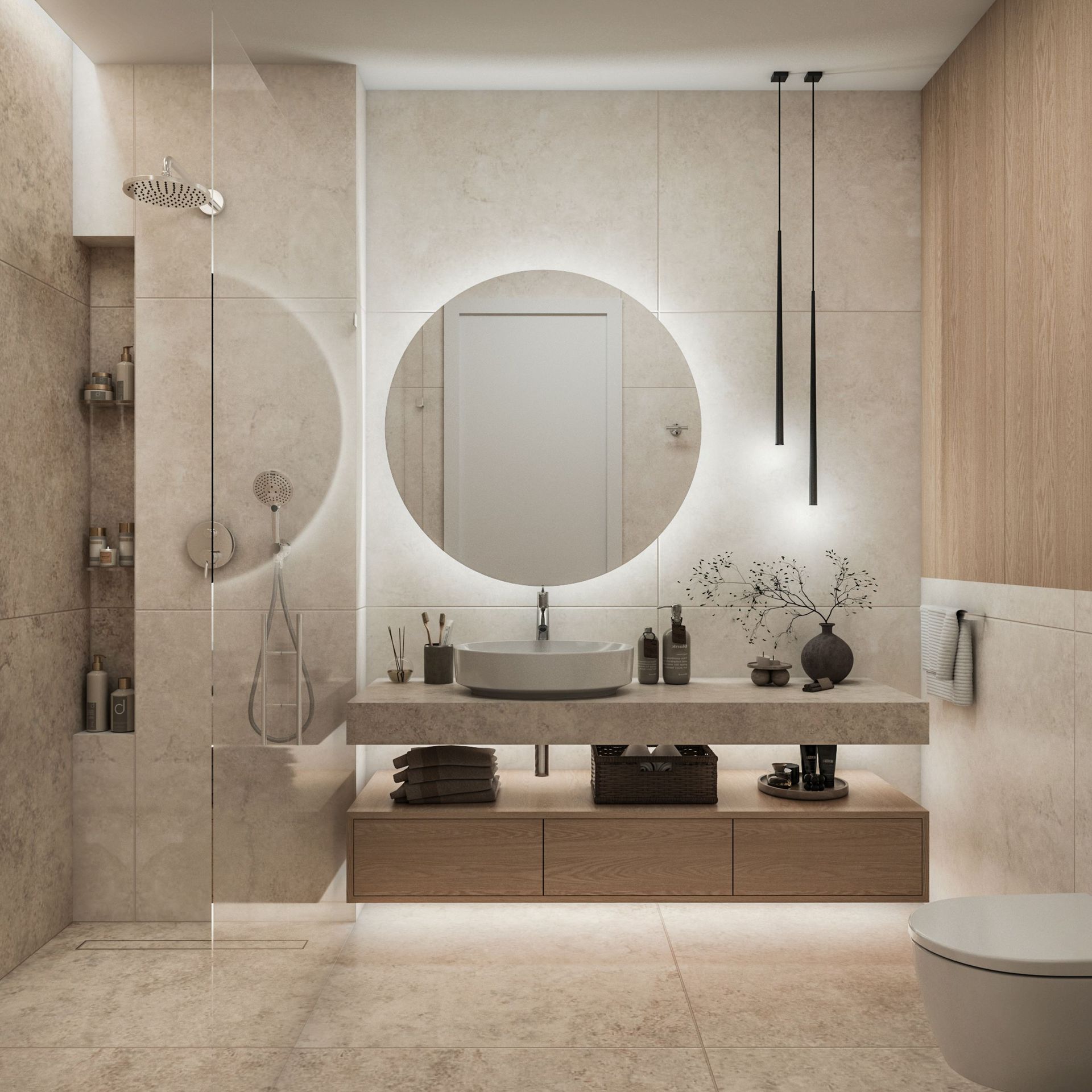 Modern bathroom in Reževići Residence, Montenegro: stone finishes, round backlit mirror, and wooden furniture.