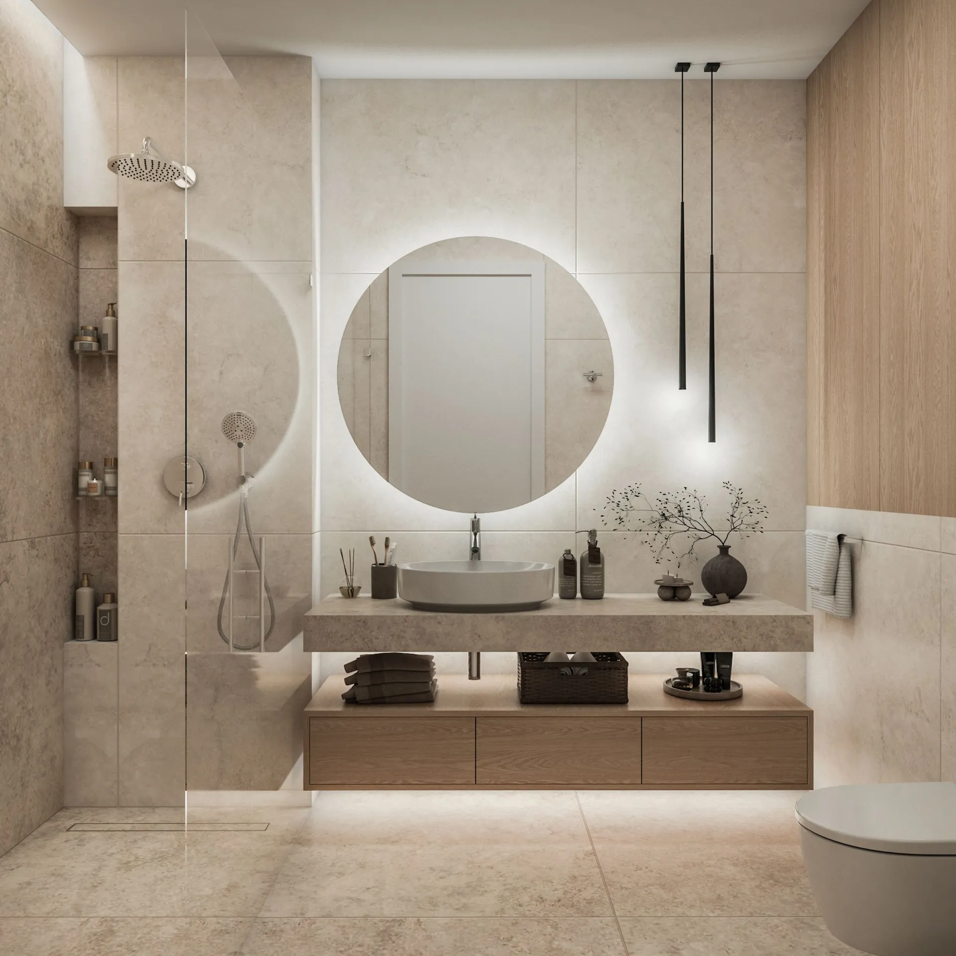 Modern bathroom featuring a round backlit mirror, floating vanity with vessel sink, and glass-enclosed shower area.