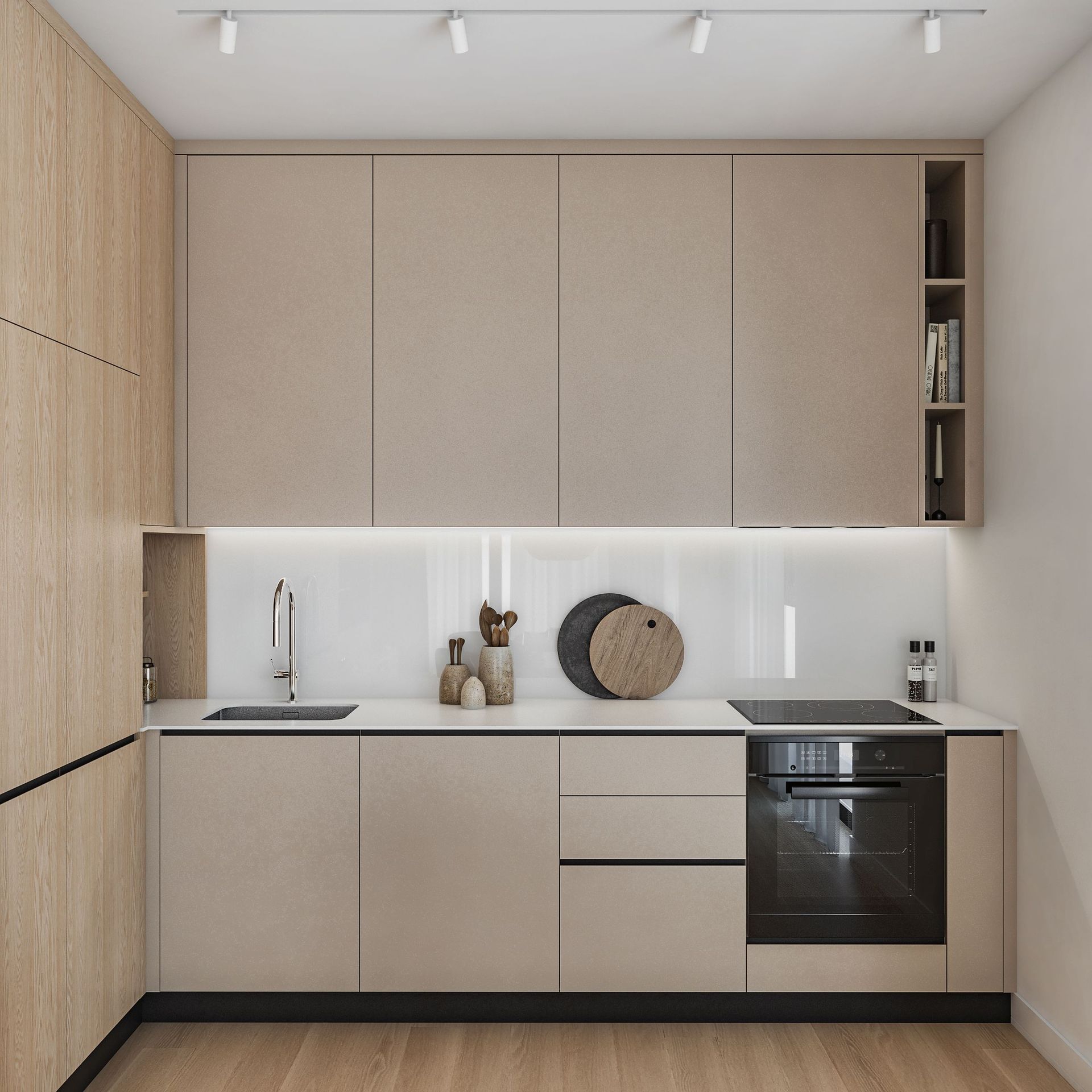 Modern beige kitchen with wooden fronts in Reževići residential complex, Montenegro: built-in appliances and lighting.