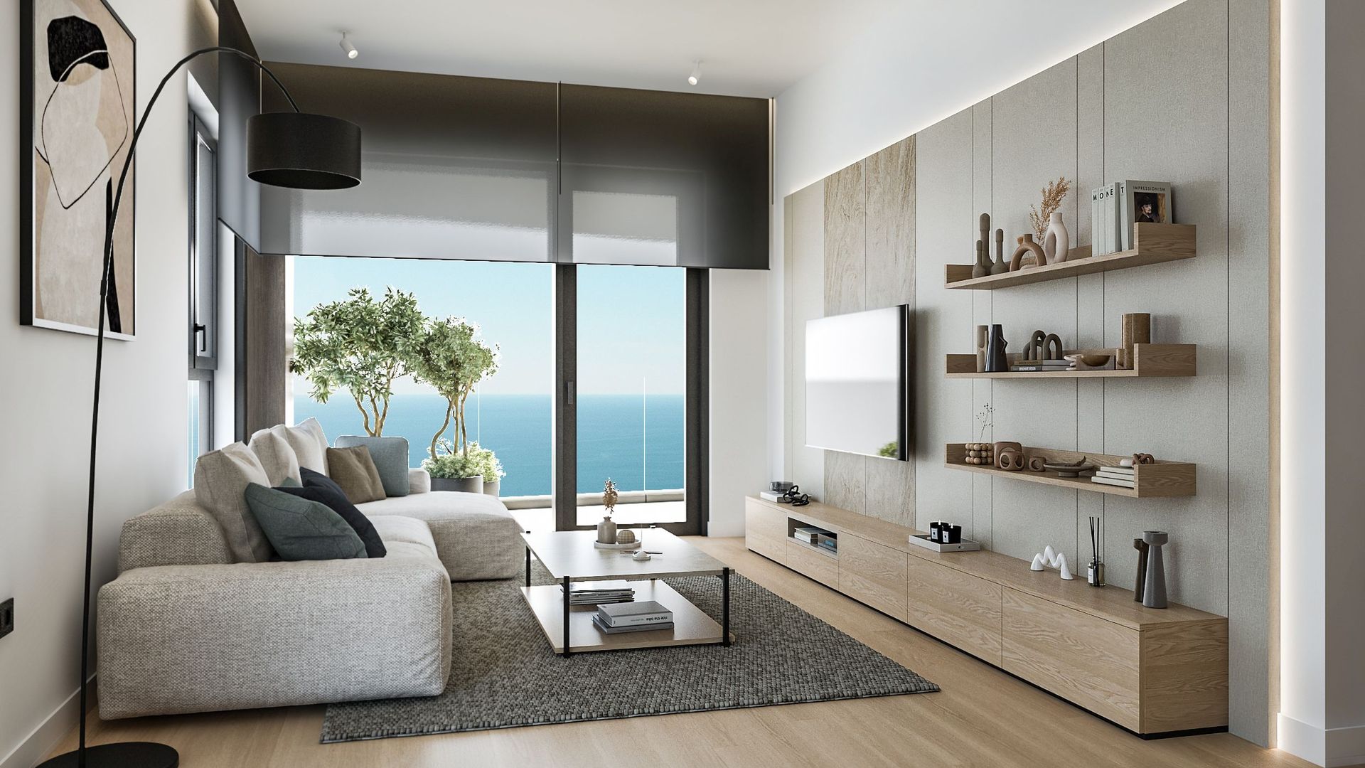 Modern living room with sea view in Reževići Residence, Montenegro: light sofa, TV area, and designer finishes.
