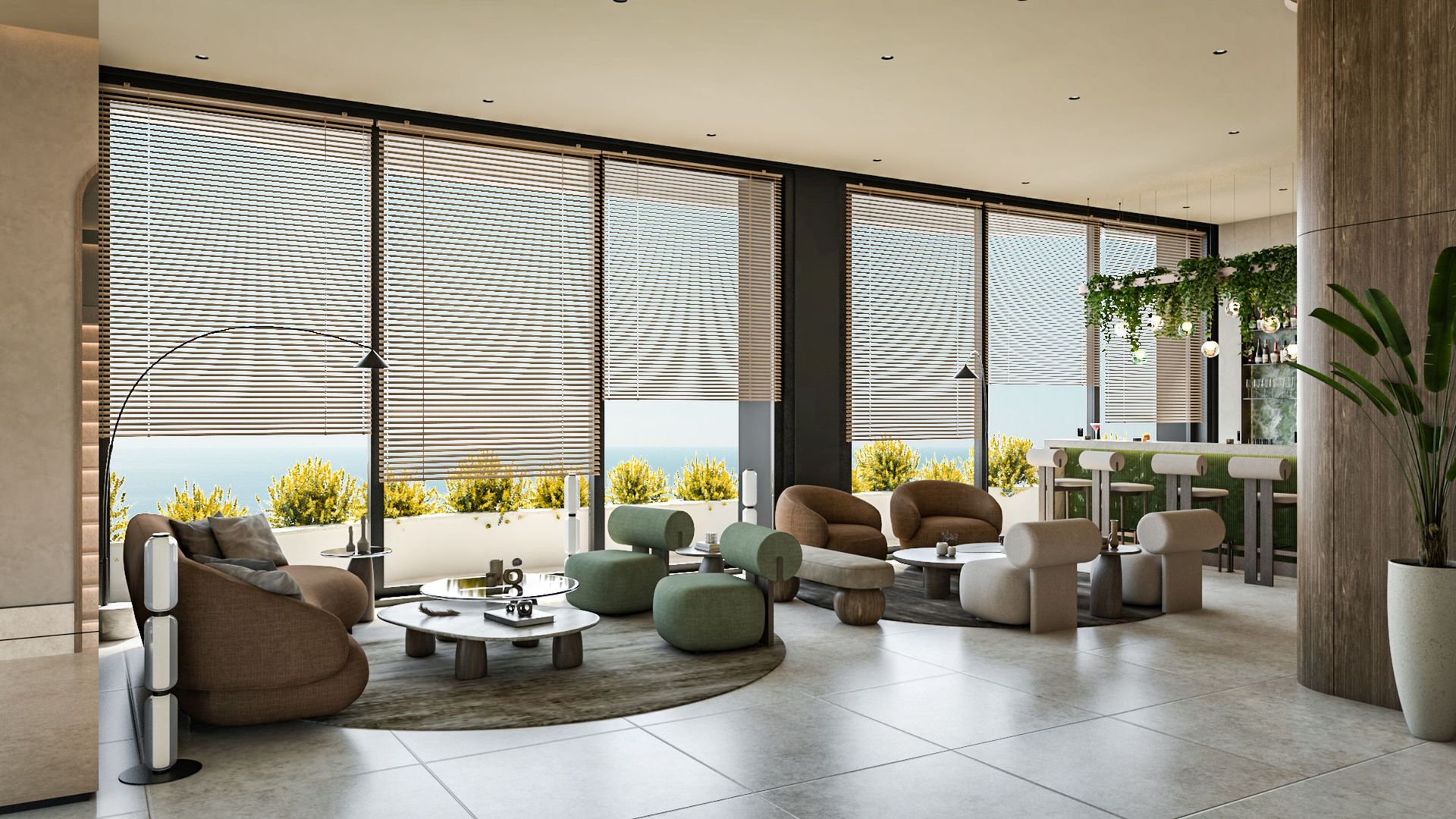 Modern living room with panoramic sea view in Reževići Residence, Montenegro: designer furniture and a bar area.