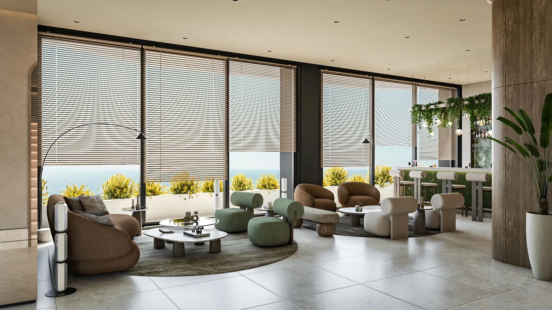 Modern living room with soft sofas, a coffee table, and panoramic windows overlooking the sea and lush vegetation outside.